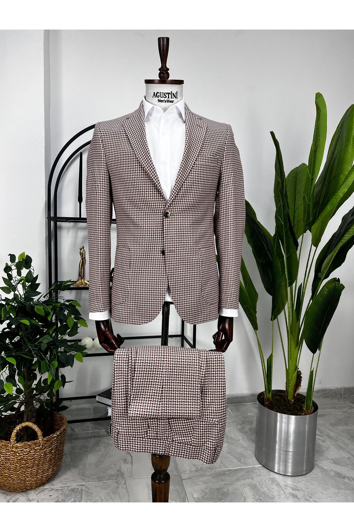 AGUSTİNİ Bordo Beyaz Desenli 2Lİ Takım Elbise Mono Yaka Torba Cep Slim Fit Kalıp | Agustini
