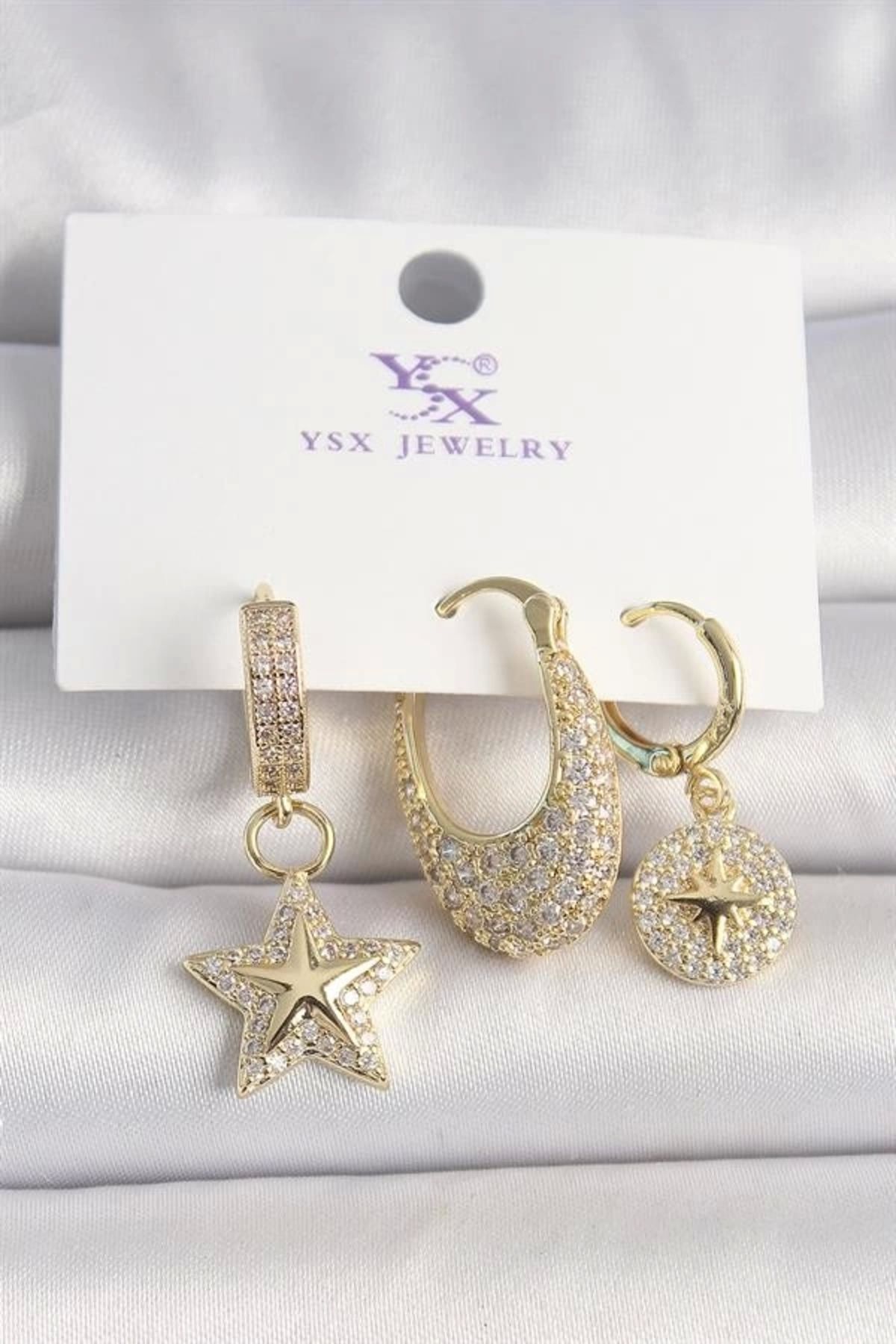 FASHIONLINE Pirinç Gold Renk Zirkon Taşlı Sallantı Yıldız Model Kutup Yıldız İşleme Detay 3'Lü Kadın Küpe