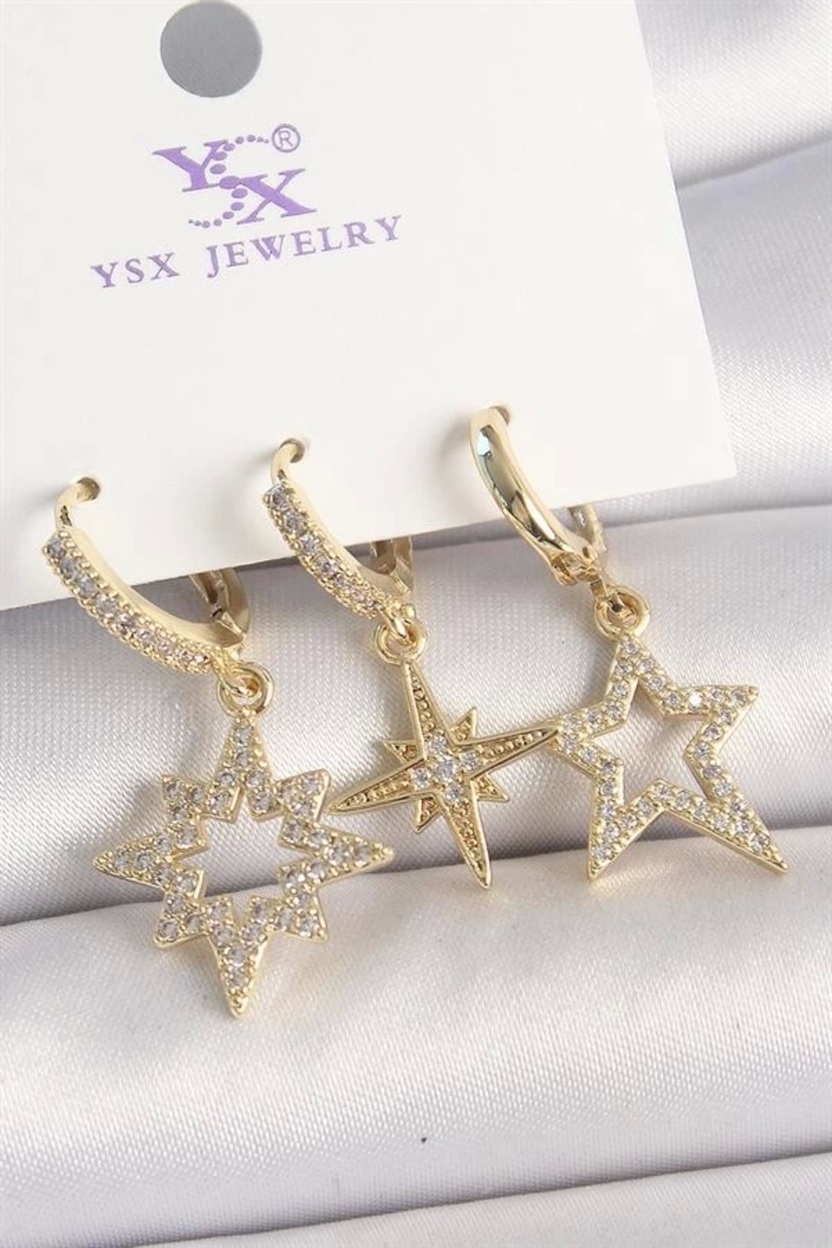 FASHIONLINE Pirinç Gold Renk Zirkon Taşlı Yıldız Model 3'Lü Kadın Kombin Küpe
