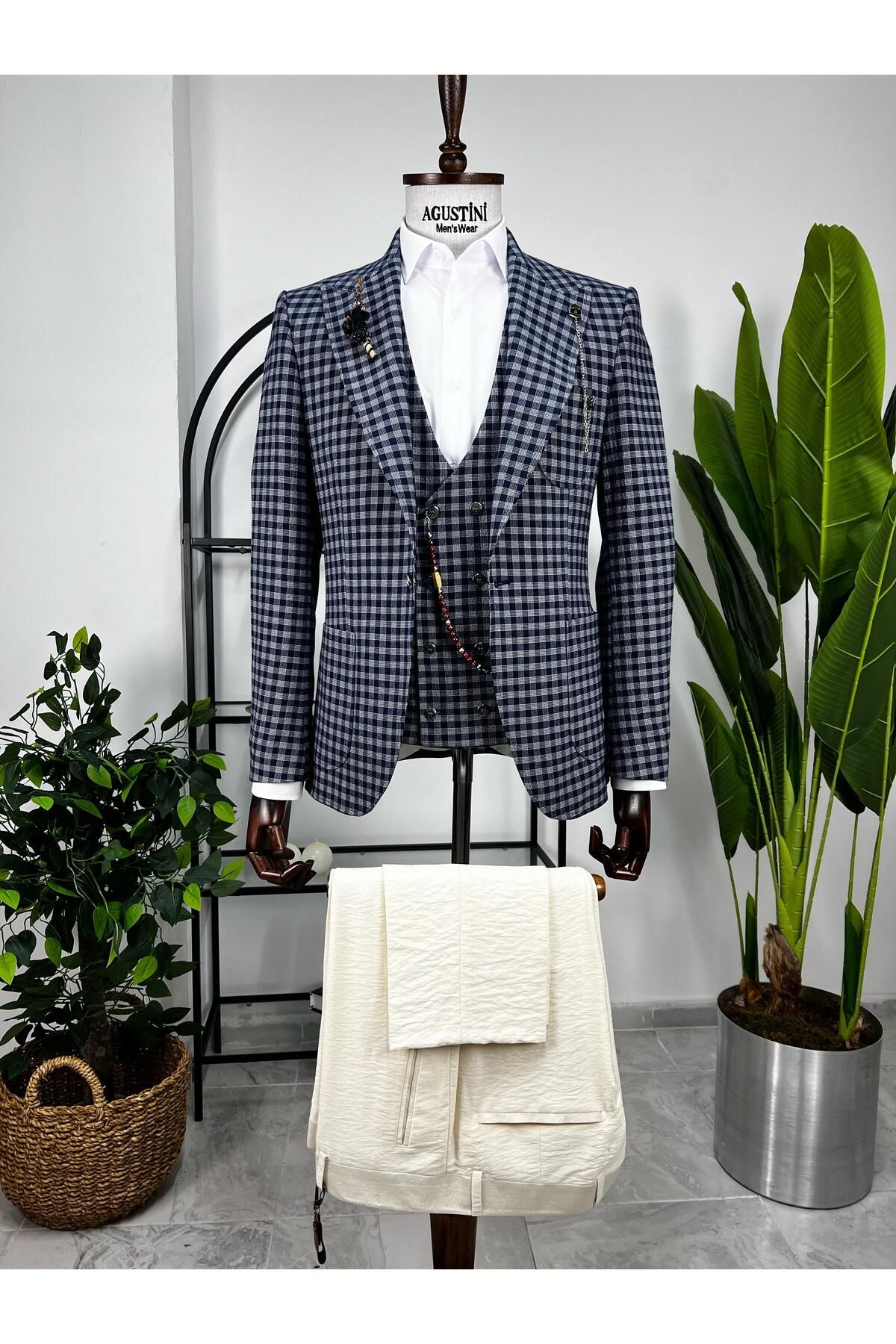 AGUSTİNİ Lacivert Ekose Kombinli 3Lü Takım Elbise Sivri Yaka Torba Cep Slim Fit Kalıp | Agustini