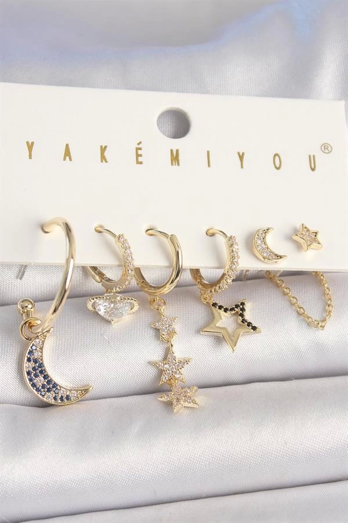 FASHIONLINE Pirinç Gold Renk Zirkon Taşlı Yıldız Model Hilal Detay 6'Lı Kadın Kombin Küpe