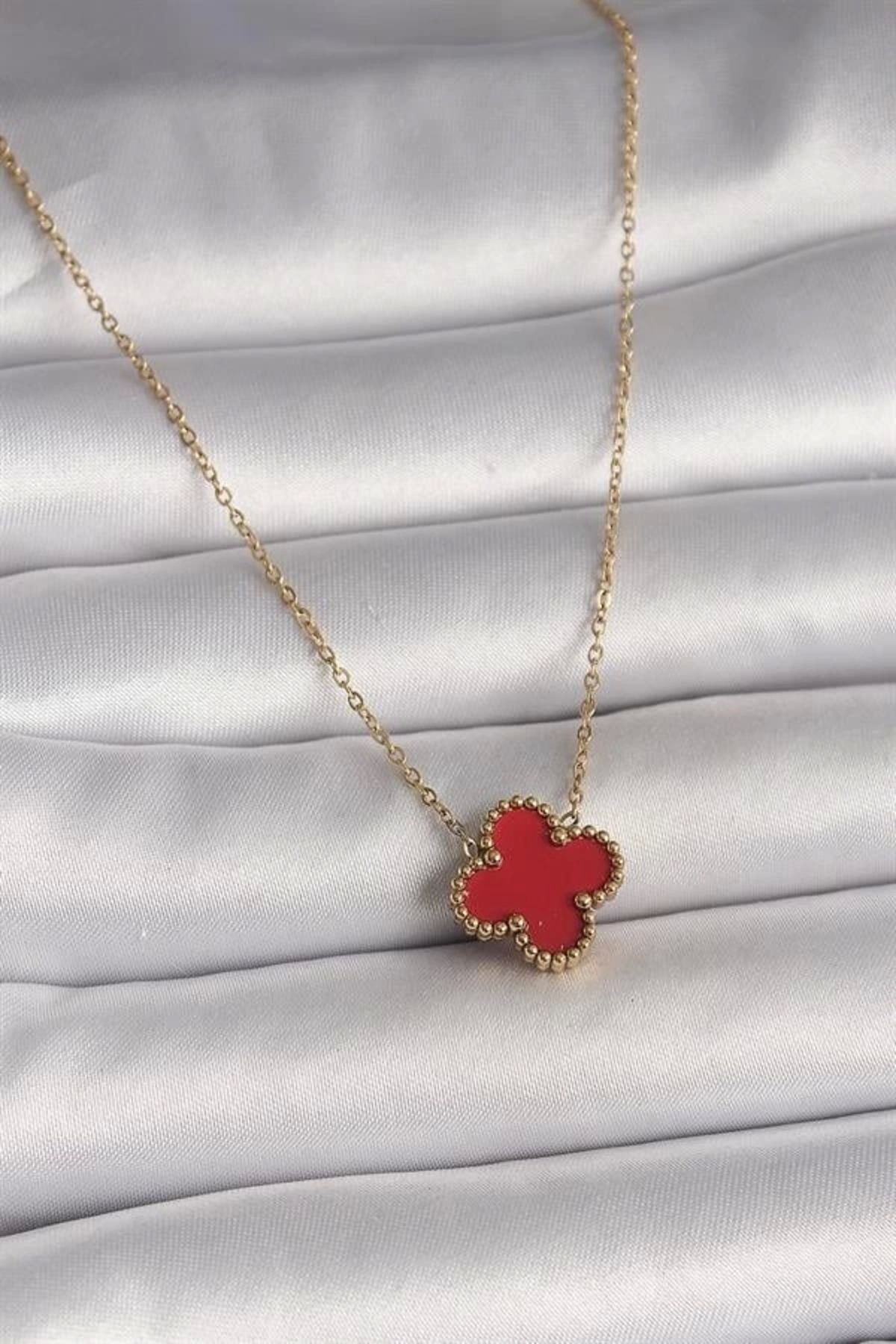 FASHIONLINE 316L Çelik Gold Renk Kırmızı Yonca Model Kadın Kolye