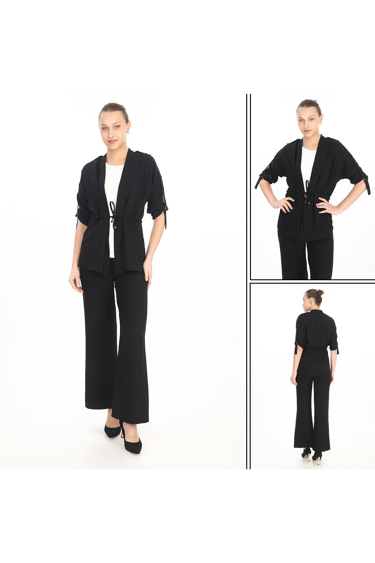 GND TEKSTİL Gnd Kadın 3’lü Yazlık Takım – Salaş Ceket + Geniş Paça Pantolon + Basic Bluz