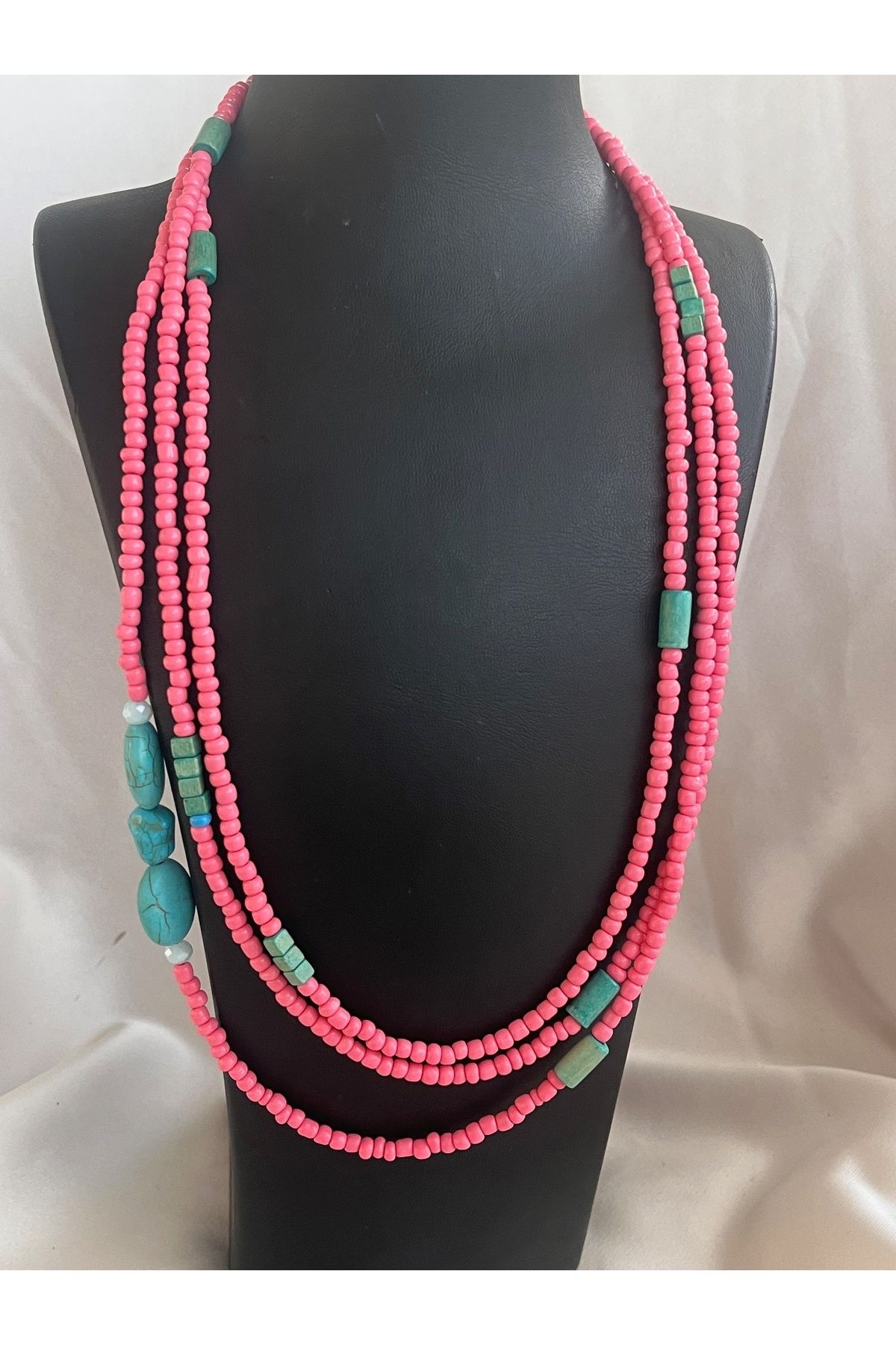 COCOSH TAKI Pembe boncuklu turkuaz taş detaylı çoklu dolamalı uzun kolye