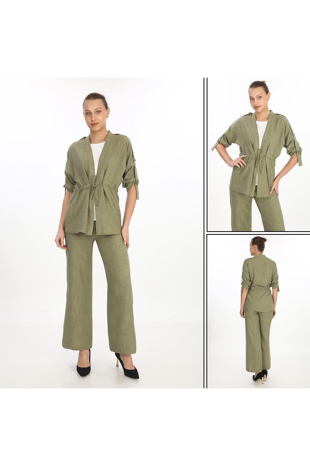GND TEKSTİL Gnd Kadın 3’lü Yazlık Takım – Salaş Ceket + Geniş Paça Pantolon + Basic Bluz