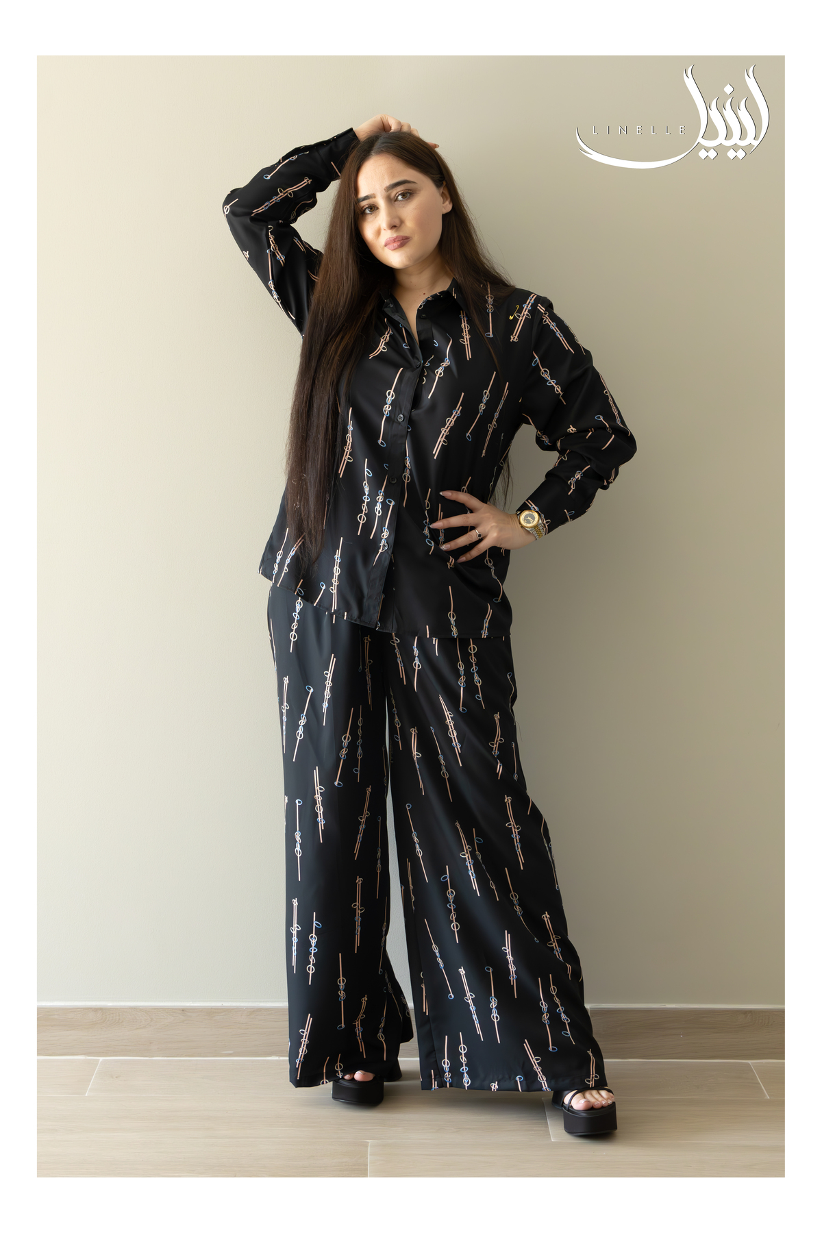 LINELLE Ladies Co-ord Pant Set- Minimal Printed Shirt and Pant with Long Sleeves