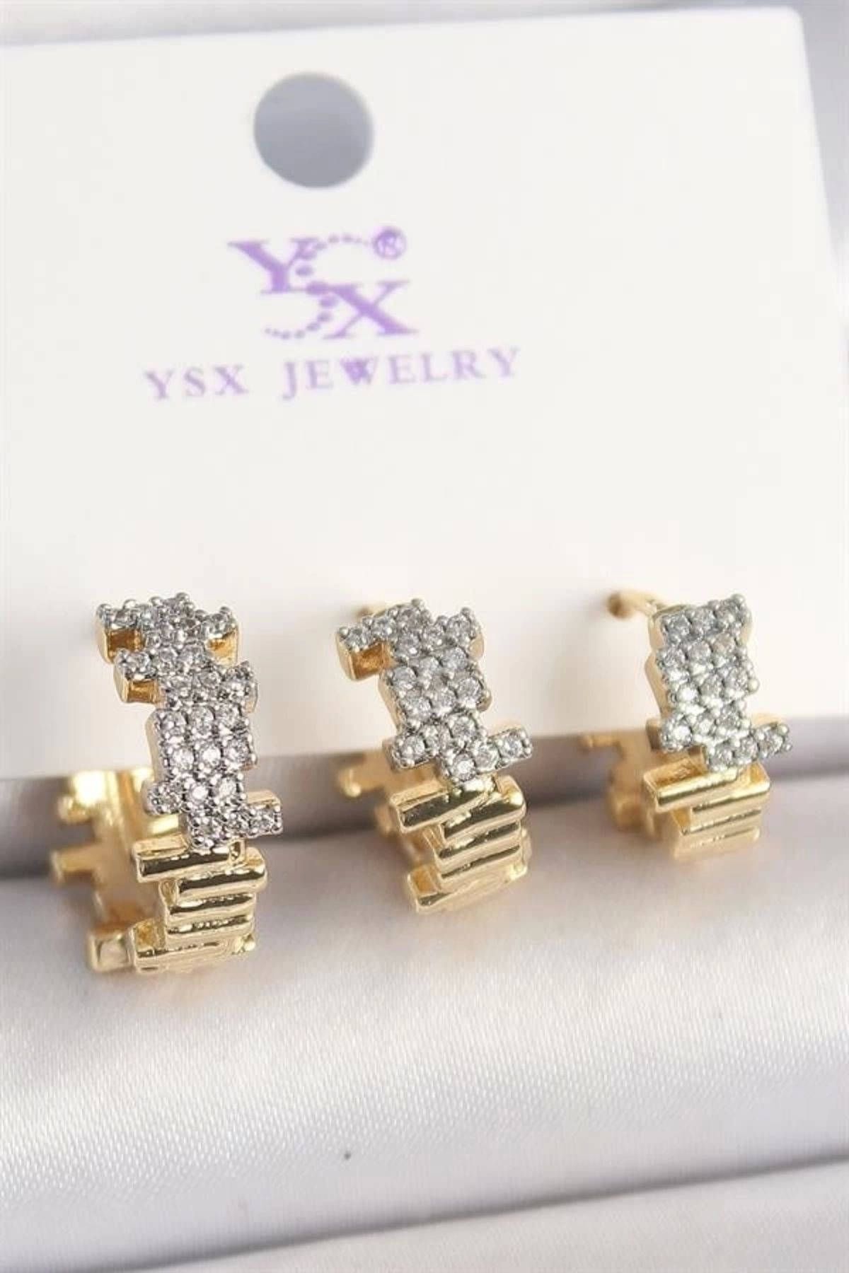 FASHIONLINE Pirinç Gold Renk Zirkon Taşlı Dorika Model 3'Lü Kadın Kombin Küpe