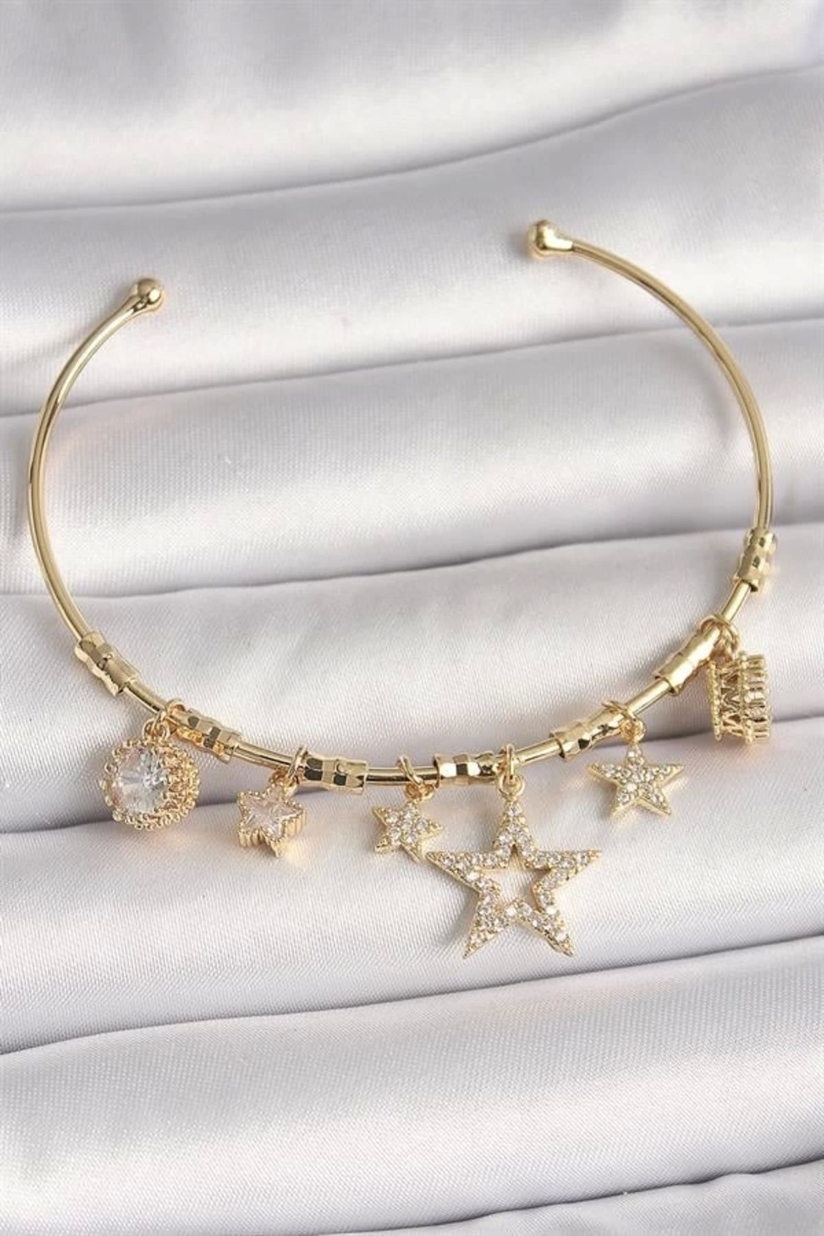 FASHIONLINE Pirinç Gold Renk Sallantı Zirkon Taşlı Yıldız Model Kalp Detay Charm Kadın Bileklik
