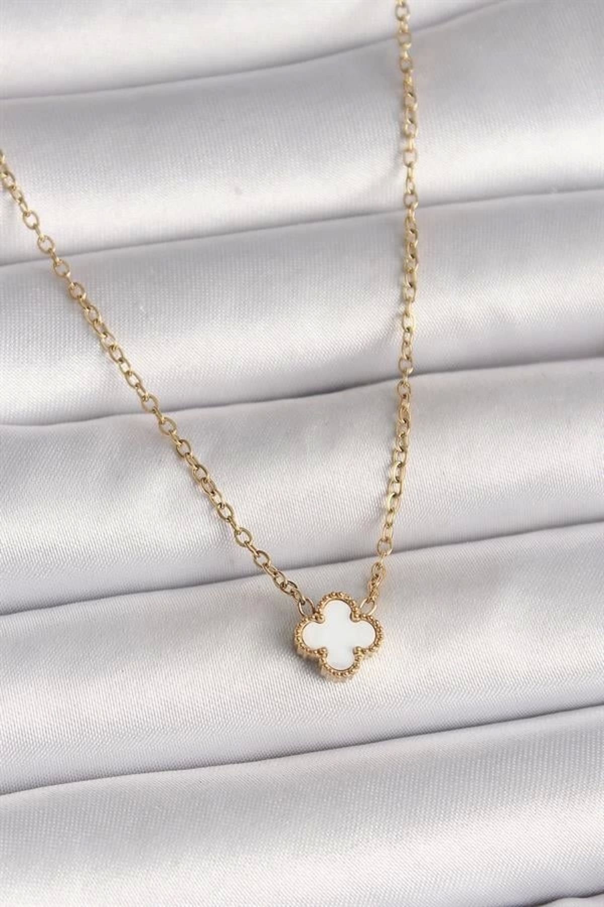 FASHIONLINE 316L Çelik Gold Renk Beyaz Yonca Model Kadın Kolye