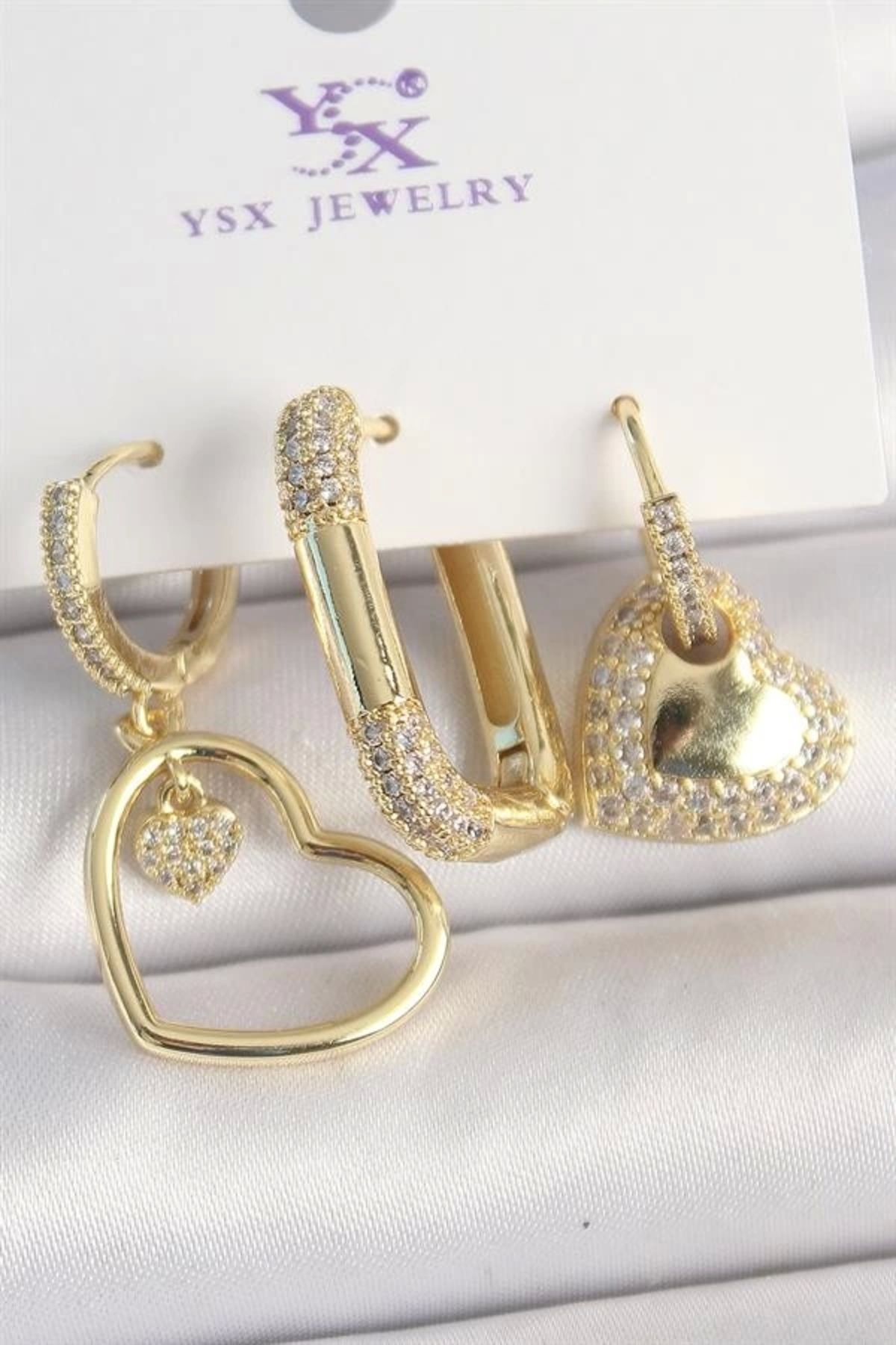 FASHIONLINE Pirinç Gold Renk Zirkon Taşlı Sallantı Kalp Model 3'Lü Kadın Kombin Küpe
