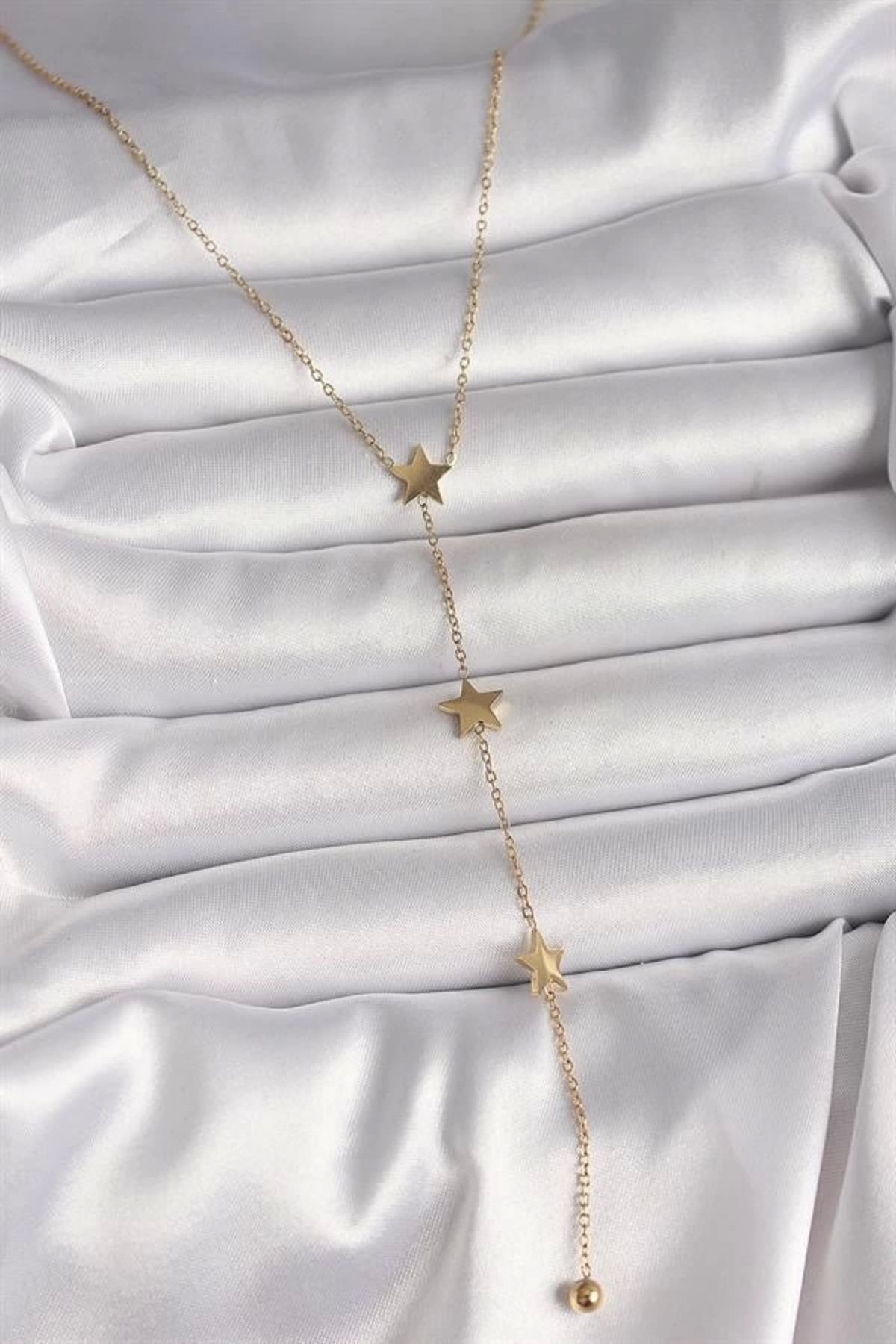 FASHIONLINE 316L Çelik Gold Renk Yıldız Model Topçuk Detay Kadın Y Kolye