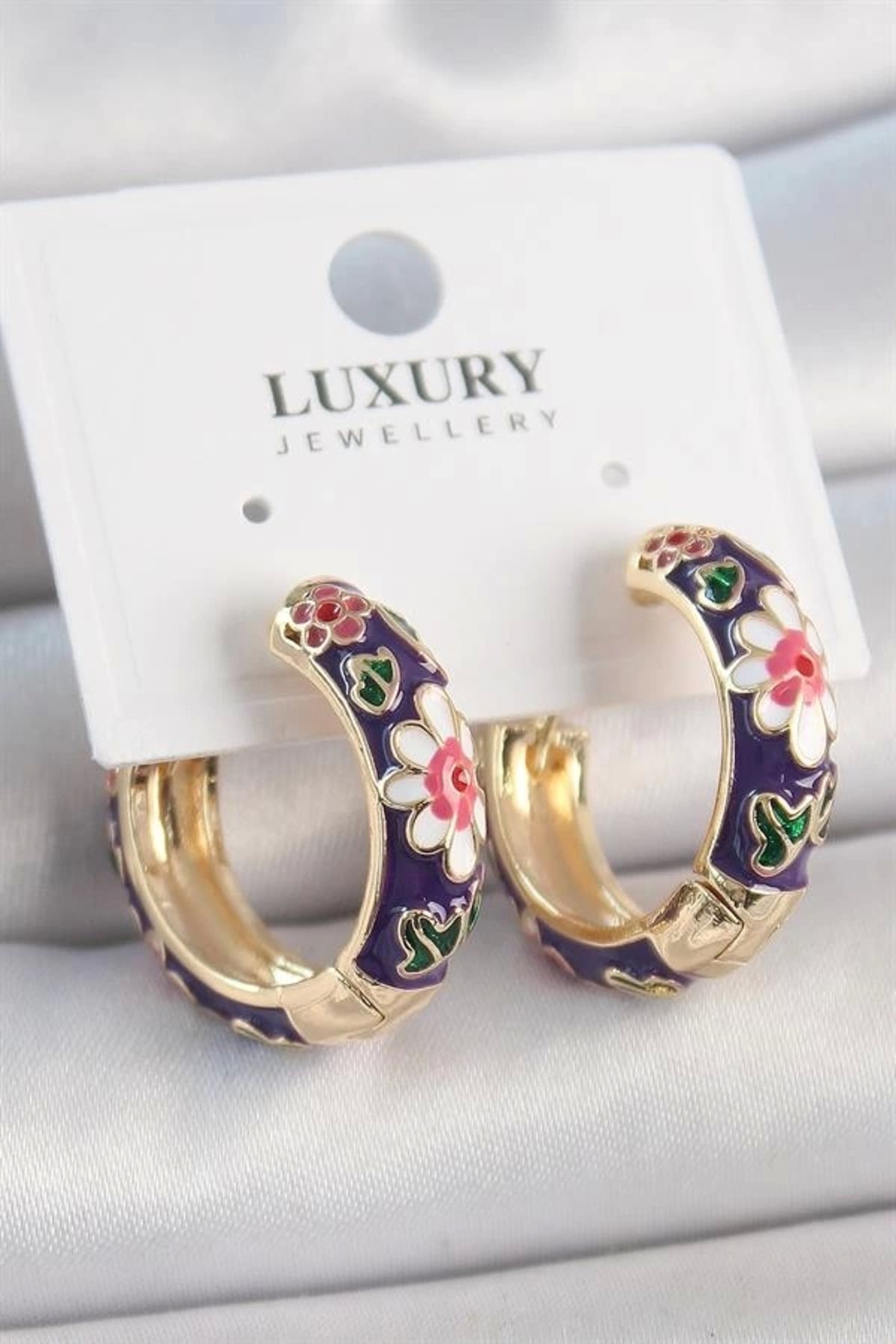 FASHIONLINE Pirinç Gold Renk Halka Model Mor Çiçek Mineli Kadın Küpe
