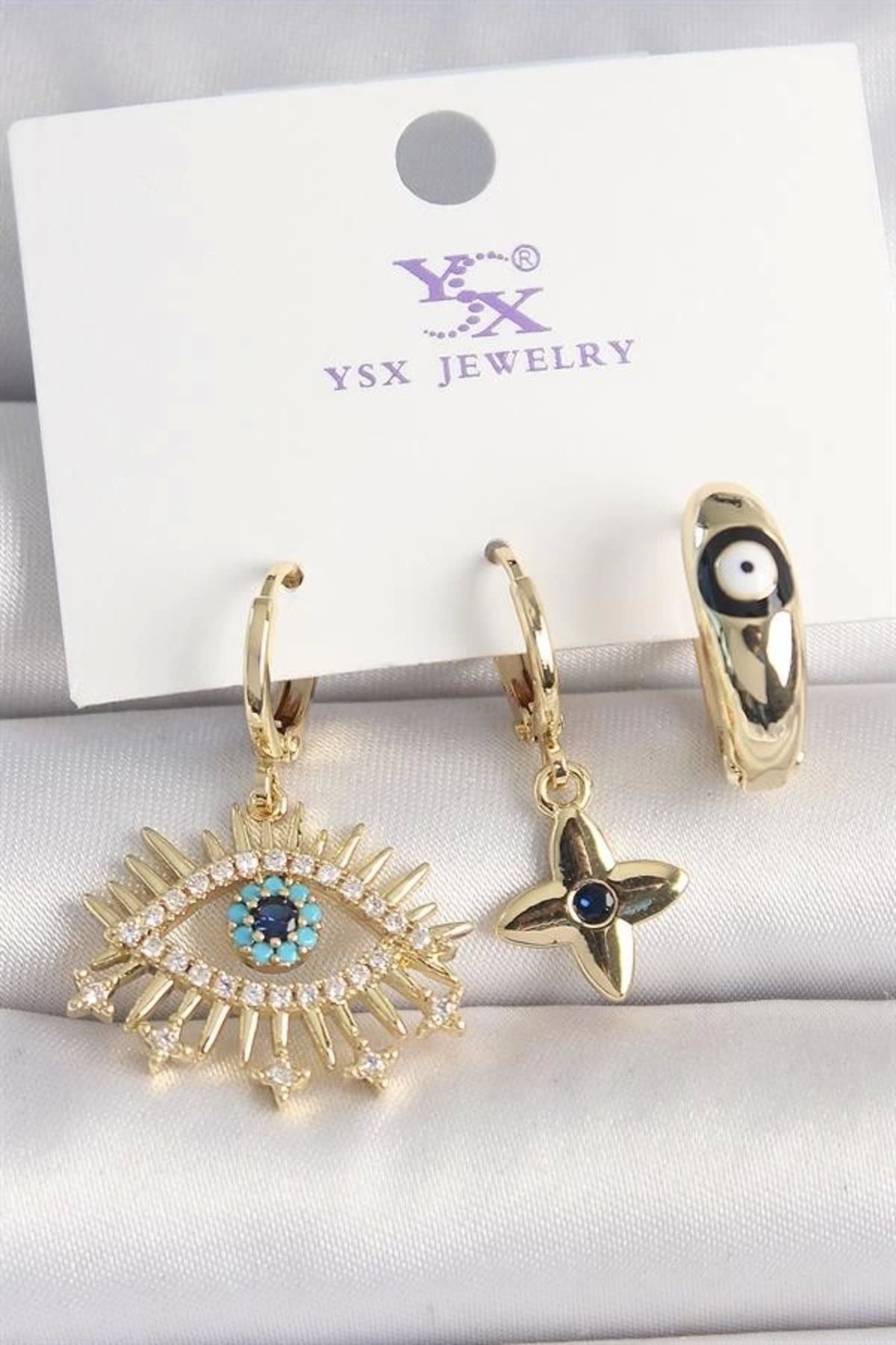 FASHIONLINE Pirinç Gold Renk Zirkon Taşlı Göz Figür Nazar Boncuk Detay 3'Lü Kadın Kombin Küpe