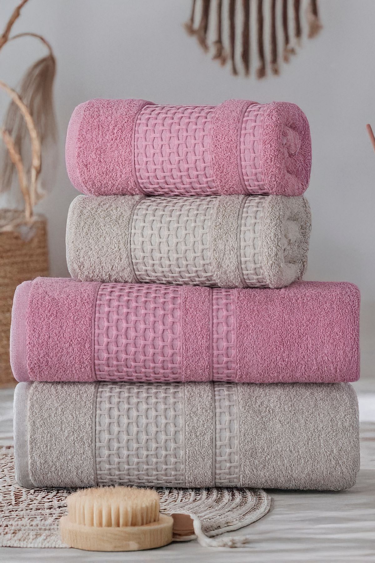 YD HOME Petek 4'lü Banyo Havlu Seti Hamam Takımı 100% Pamuk