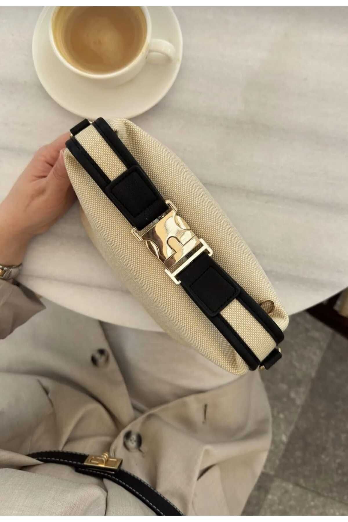 afran collection kanvas mini bag krem siyah kadın çantası