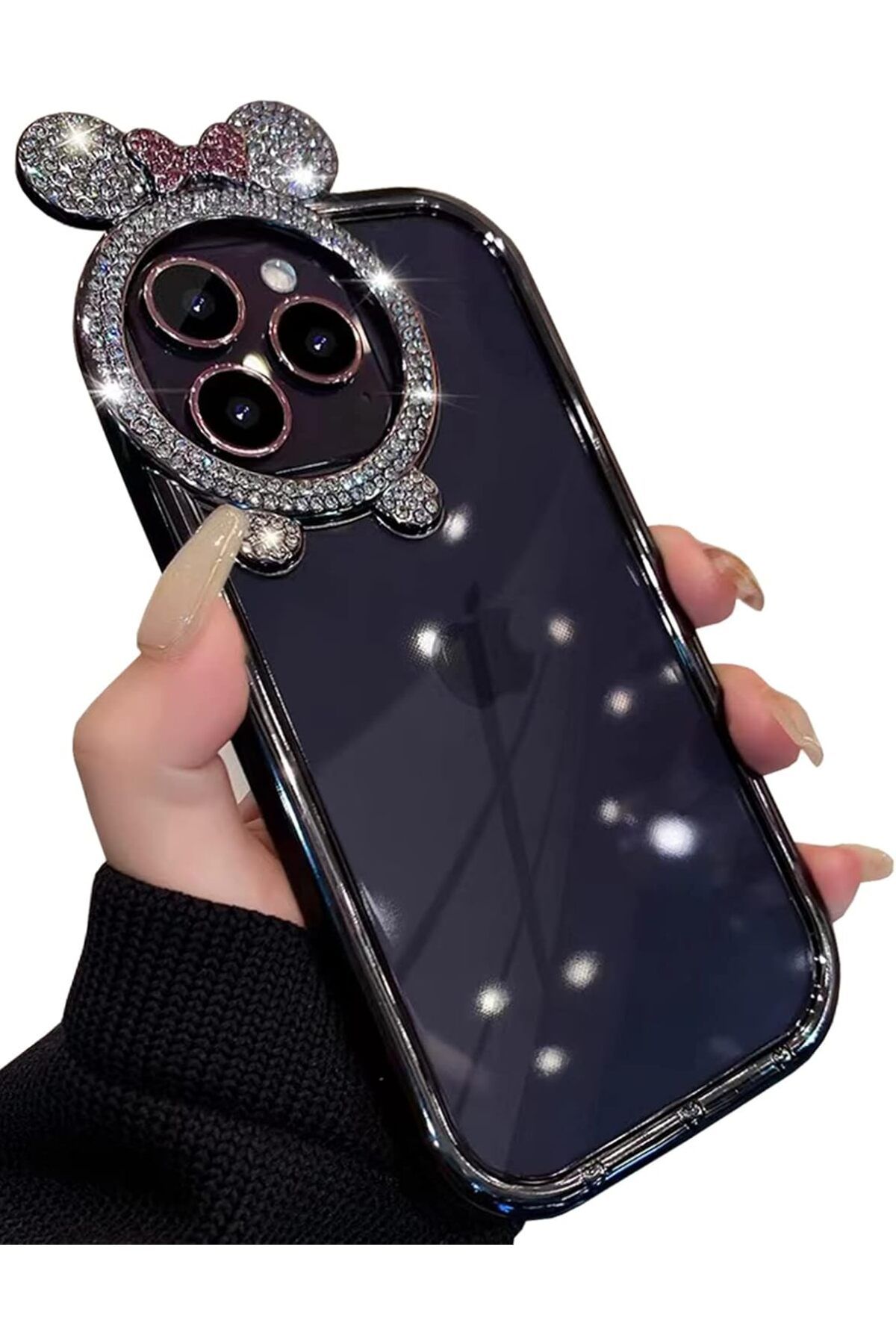 Cleo Cases Tarzını Yansıt iPhone 11 Uyumlu Taşlı Minnie Kulaklı Işıltılı Şeffaf Silikon Kılıf