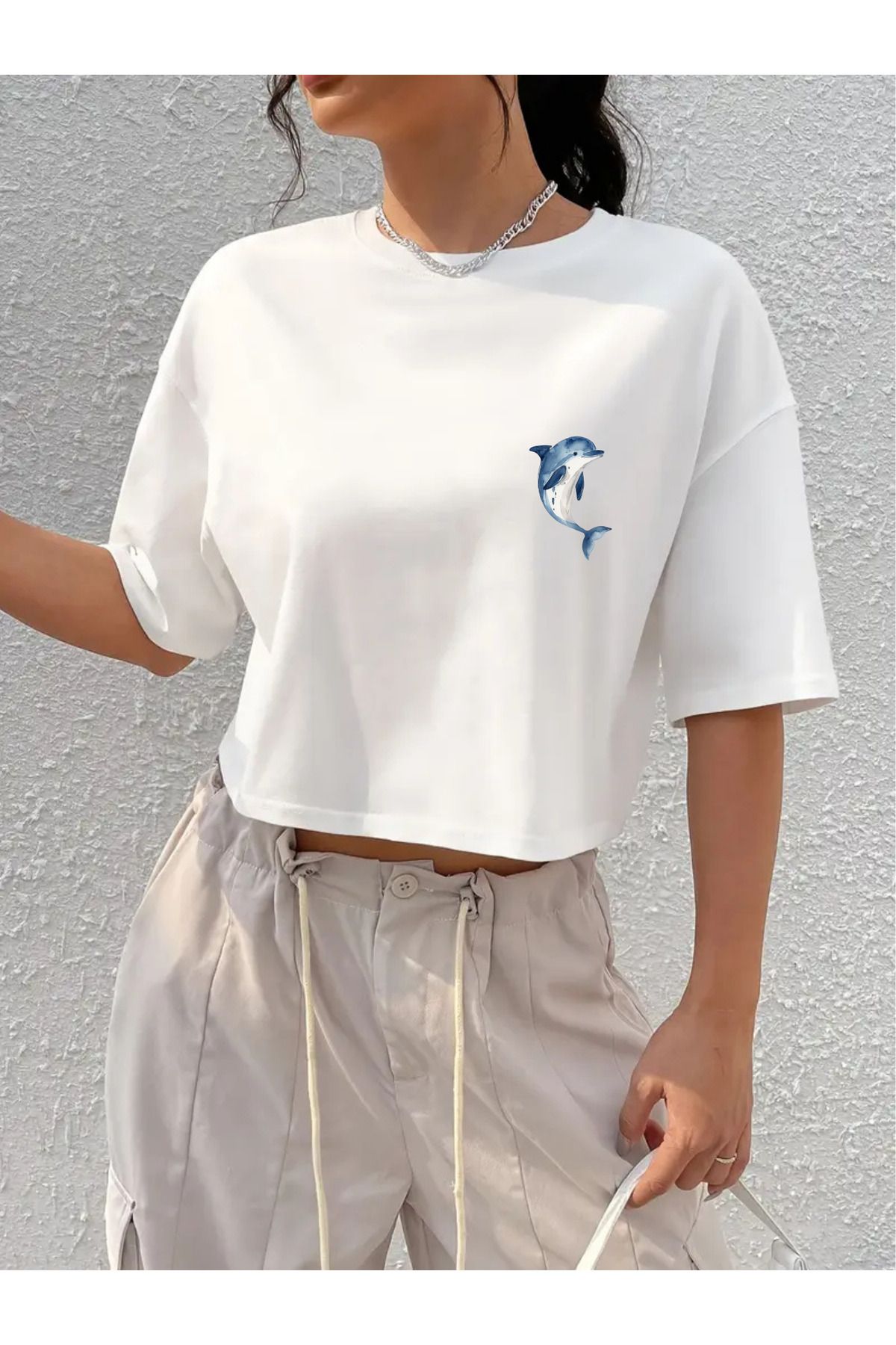Llanura Kadın Balık Baskı Desenli Kısa Kollu Organik Pamuklu Bisiklet Yaka Crop Beyaz T-shirt