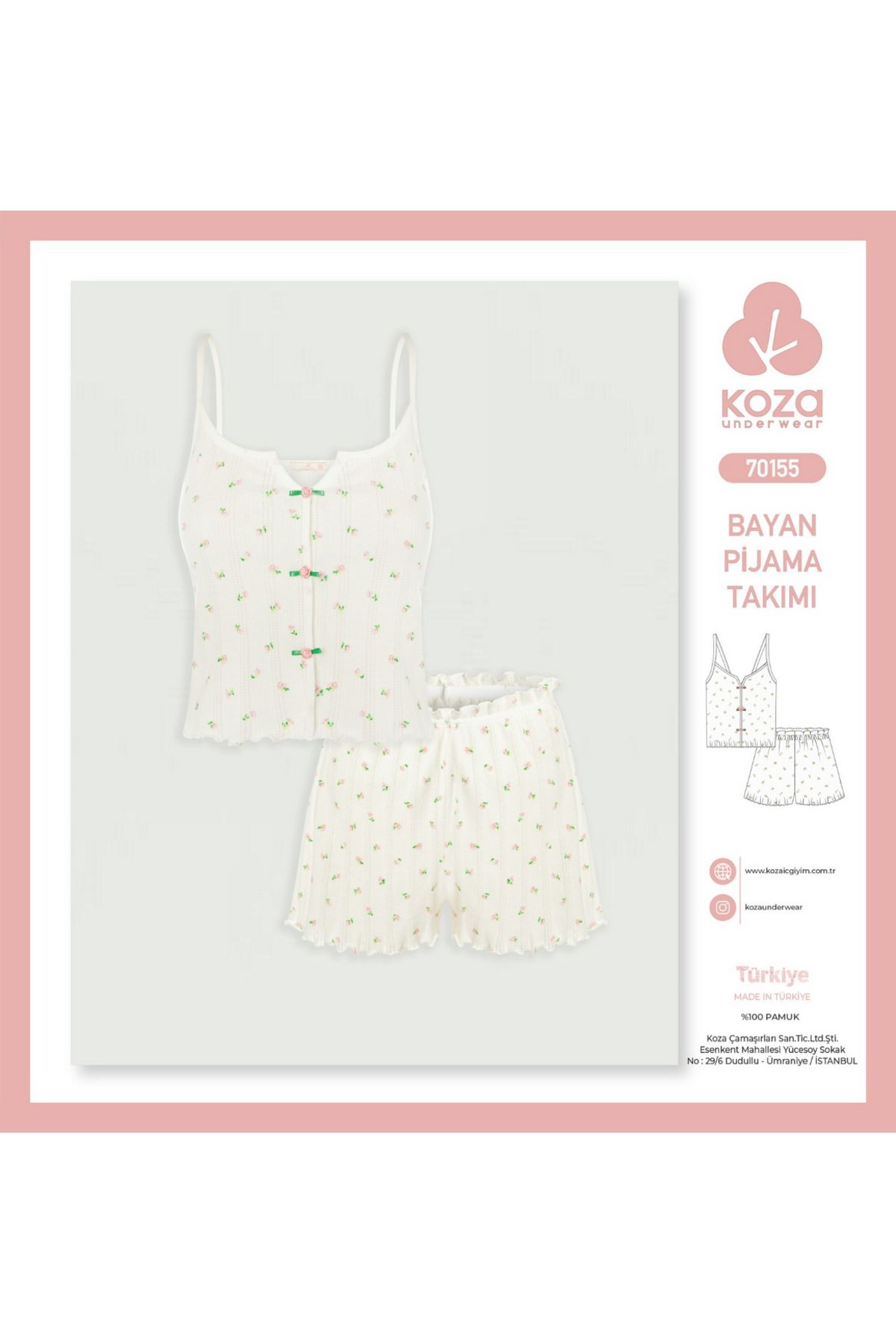 Koza Kadın Pamuklu Penye Kumaş İp Askılı Ve Yarım Kollu Pijama Takımları