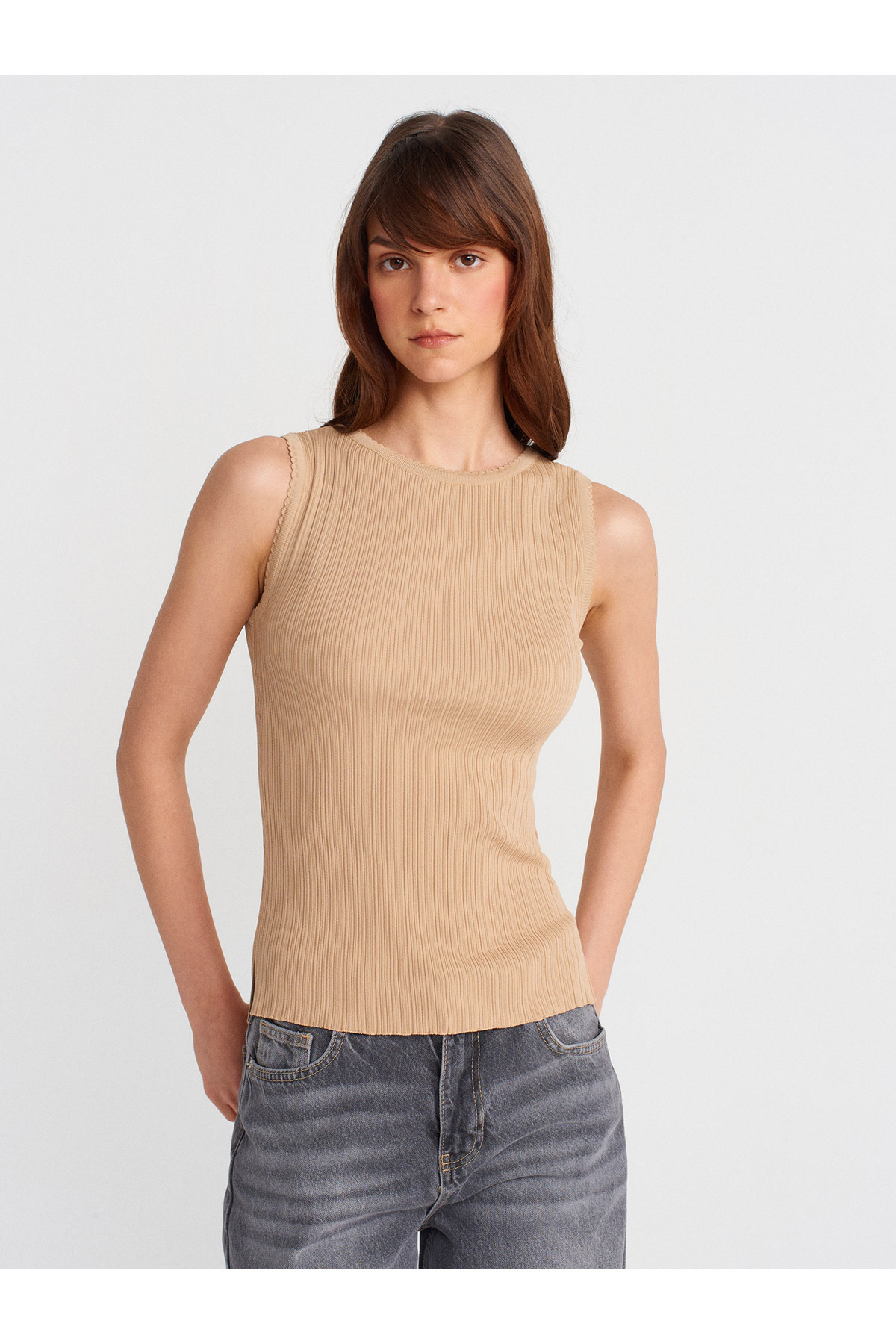 Dilvin-10753 Boat Neck Ribbed Thin Knitwear Blouse-Beige 1