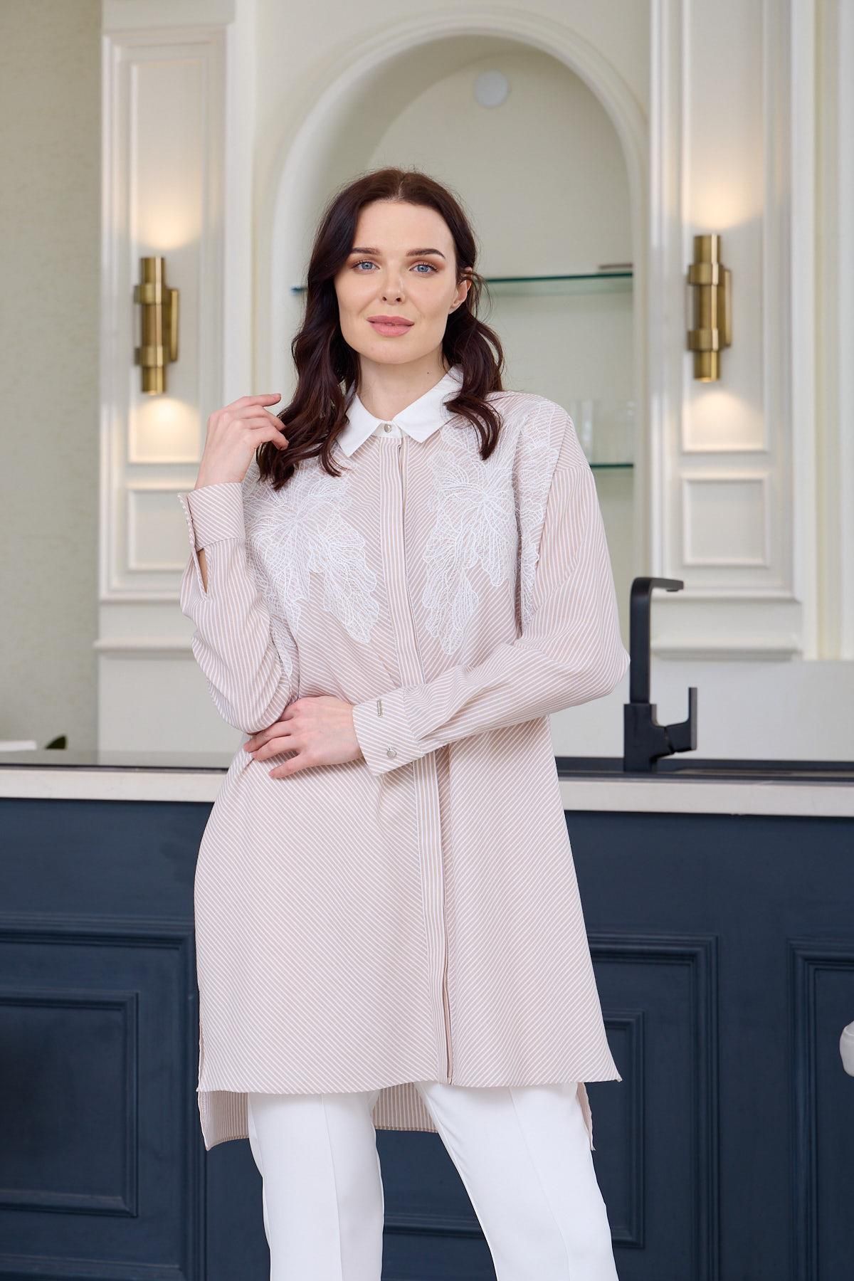 Moodbasic DANTEL DETAYLI ÇİZGİLİ GÖMLEK