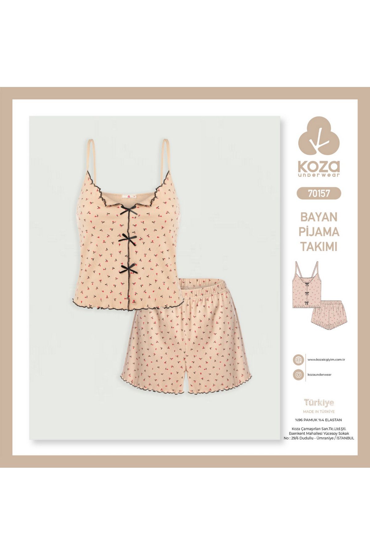 Koza Kadın Pamuklu Penye Kumaş İp Askılı Ve Yarım Kollu Pijama Takımları
