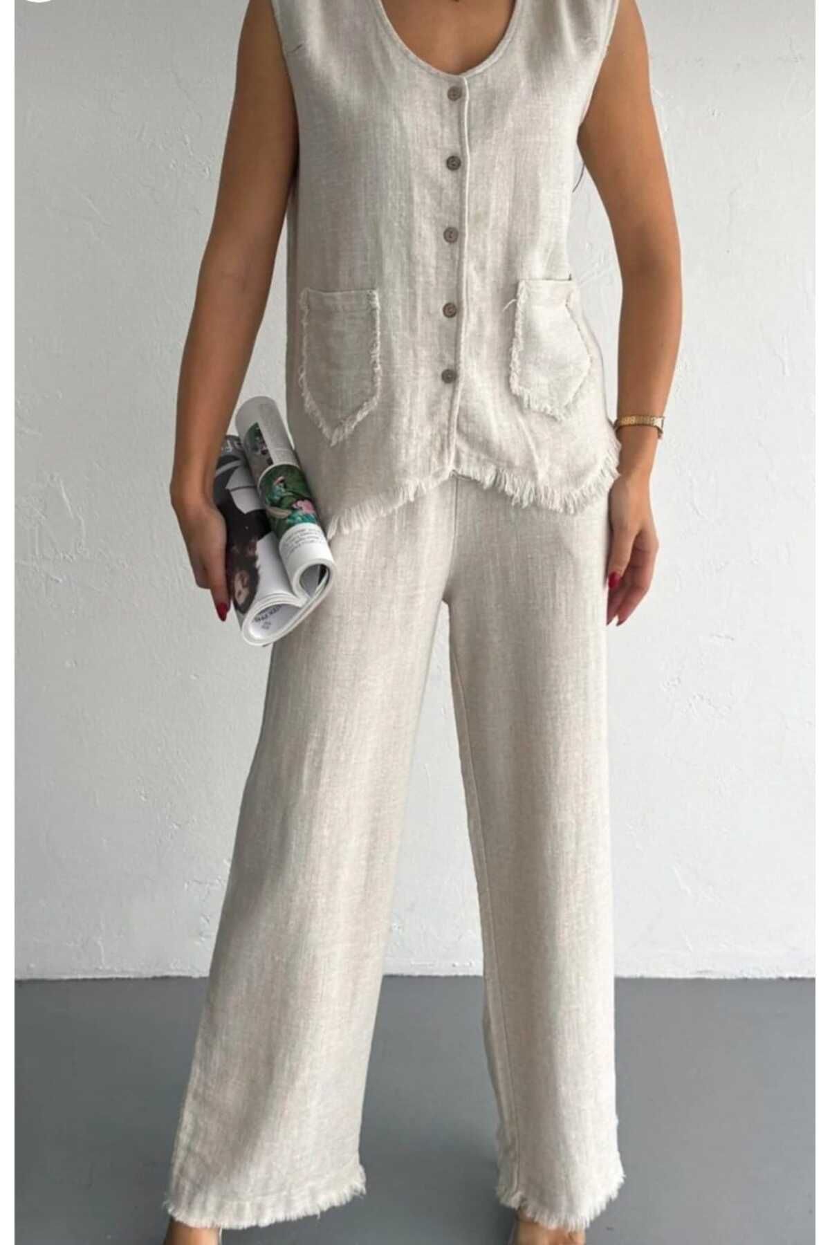 MODA Müslim Keten Yelekli Takım
