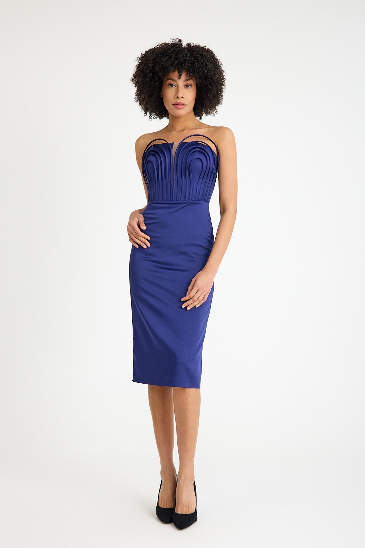 SpringStore Lacivert Balenli Midi Boy Abiye Elbise