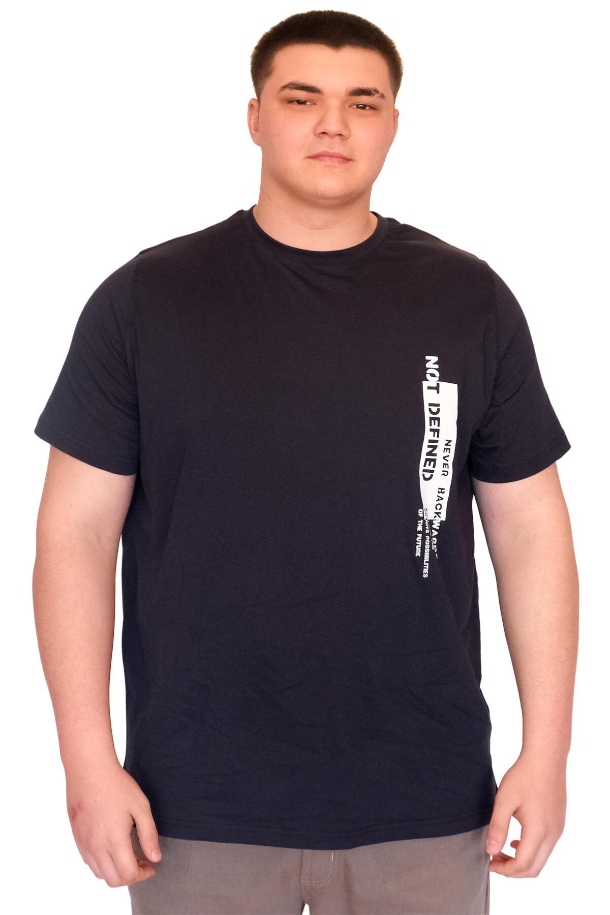 ModeXL Mode XL Büyük Beden Erkek T-Shirt Bisiklet Yaka NOT DEFINETS Baskılı U25009 Lacivert