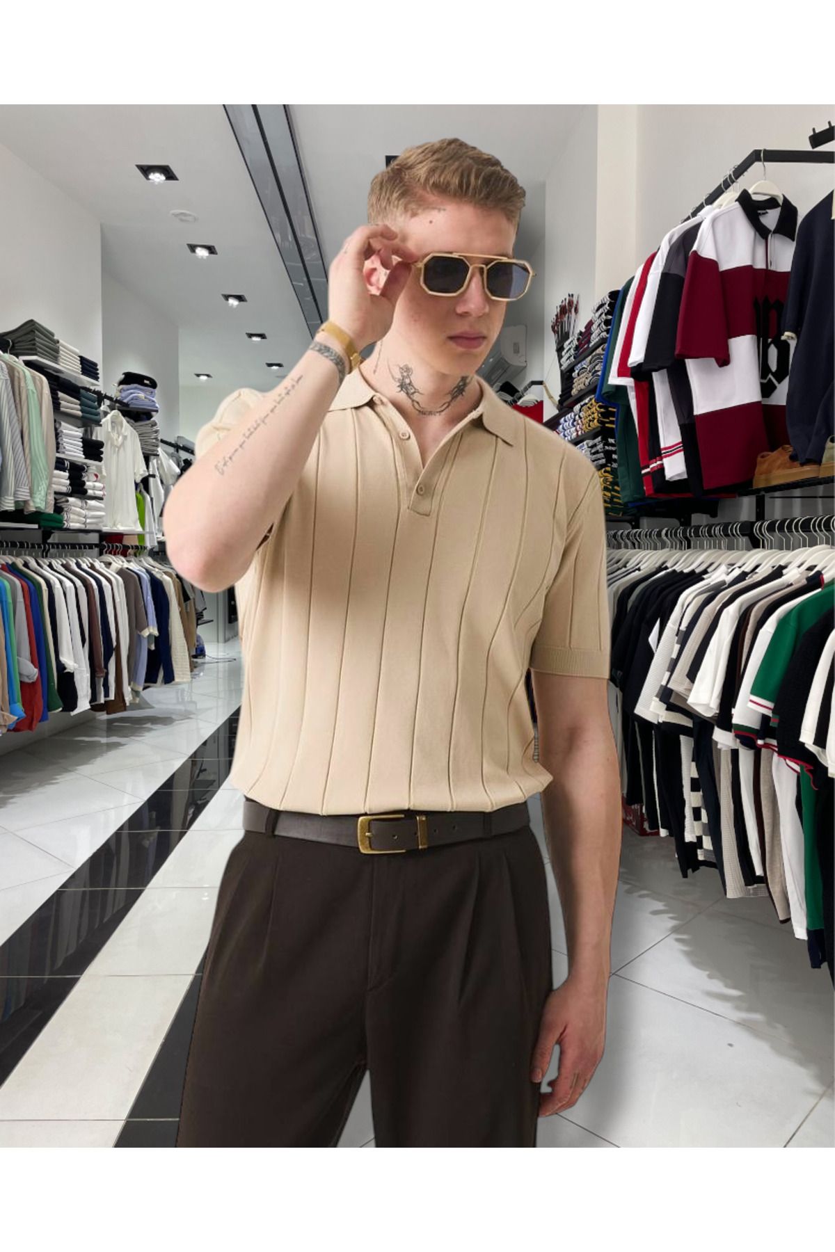 higo Triko Polo Yaka Erkek Tişört – Dikey Desenli