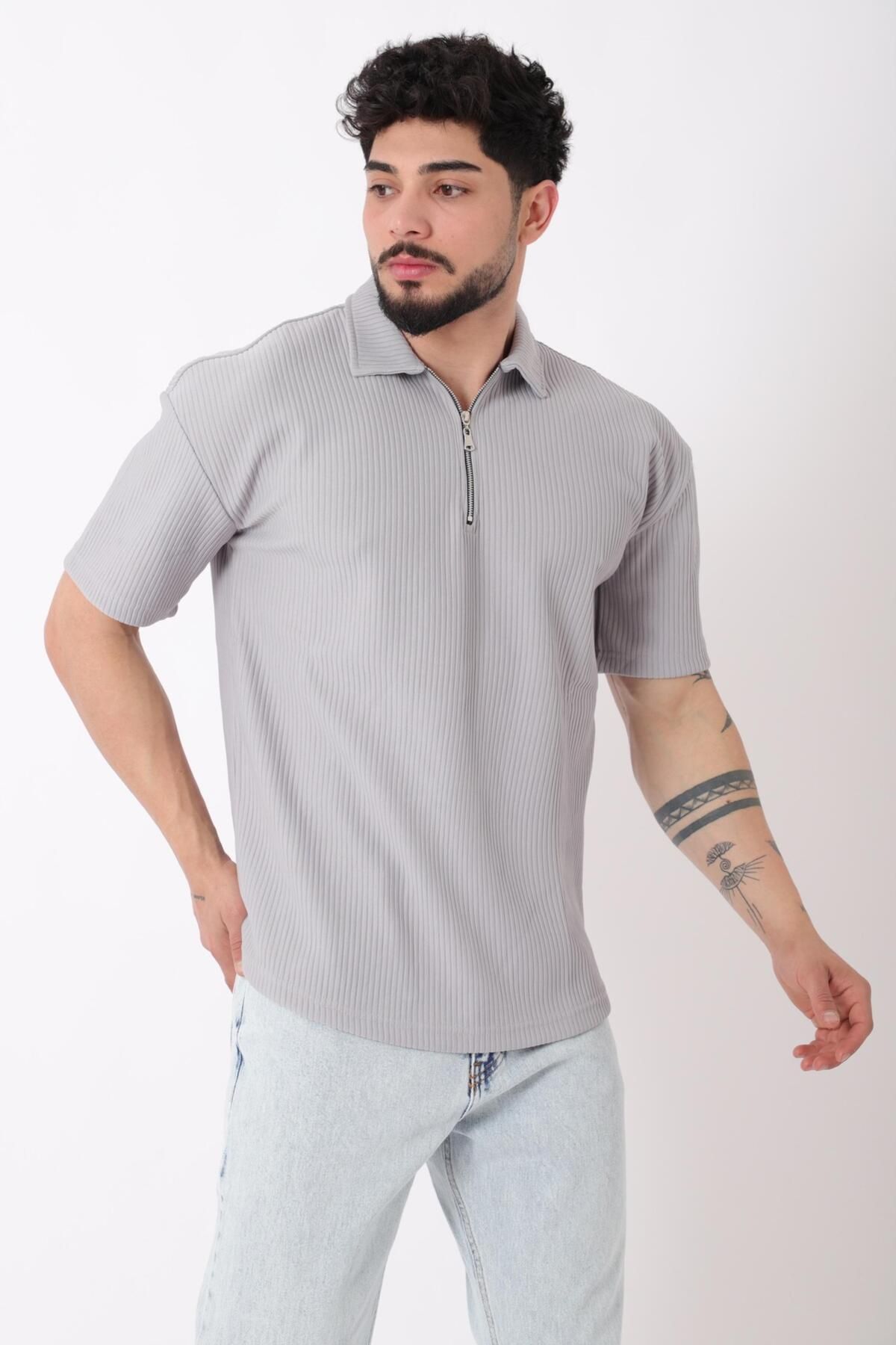 Stilkombin Çizgili Yakalı Yarım Fermuar Oversize Tişört STU-2473_30464