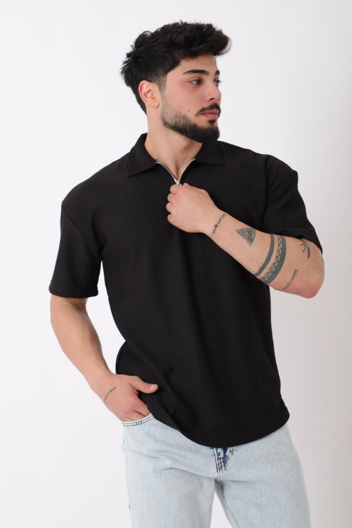 Stilkombin Çizgili Yakalı Yarım Fermuar Oversize Tişört STU-2473_30464
