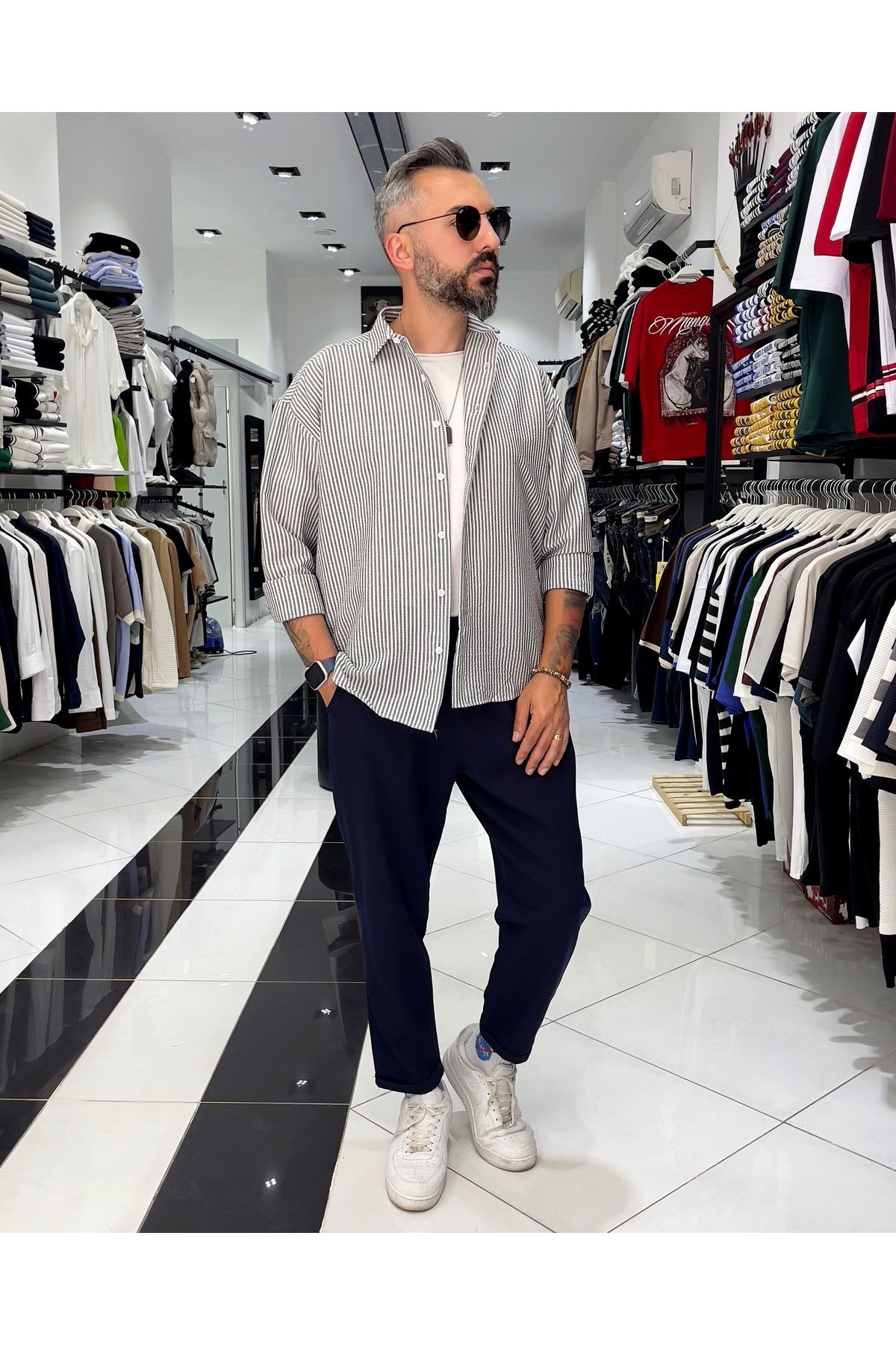 Higo Man Gofre Kumaş Çizgili Oversize Erkek Gömlek