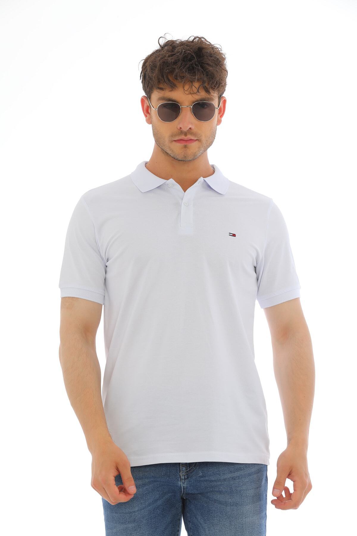 WAPP-Tricou cu mânecă scurtă din bumbac alb din Lycra pentru bărbați, cu guler polo brodat cu nasturi în față 1