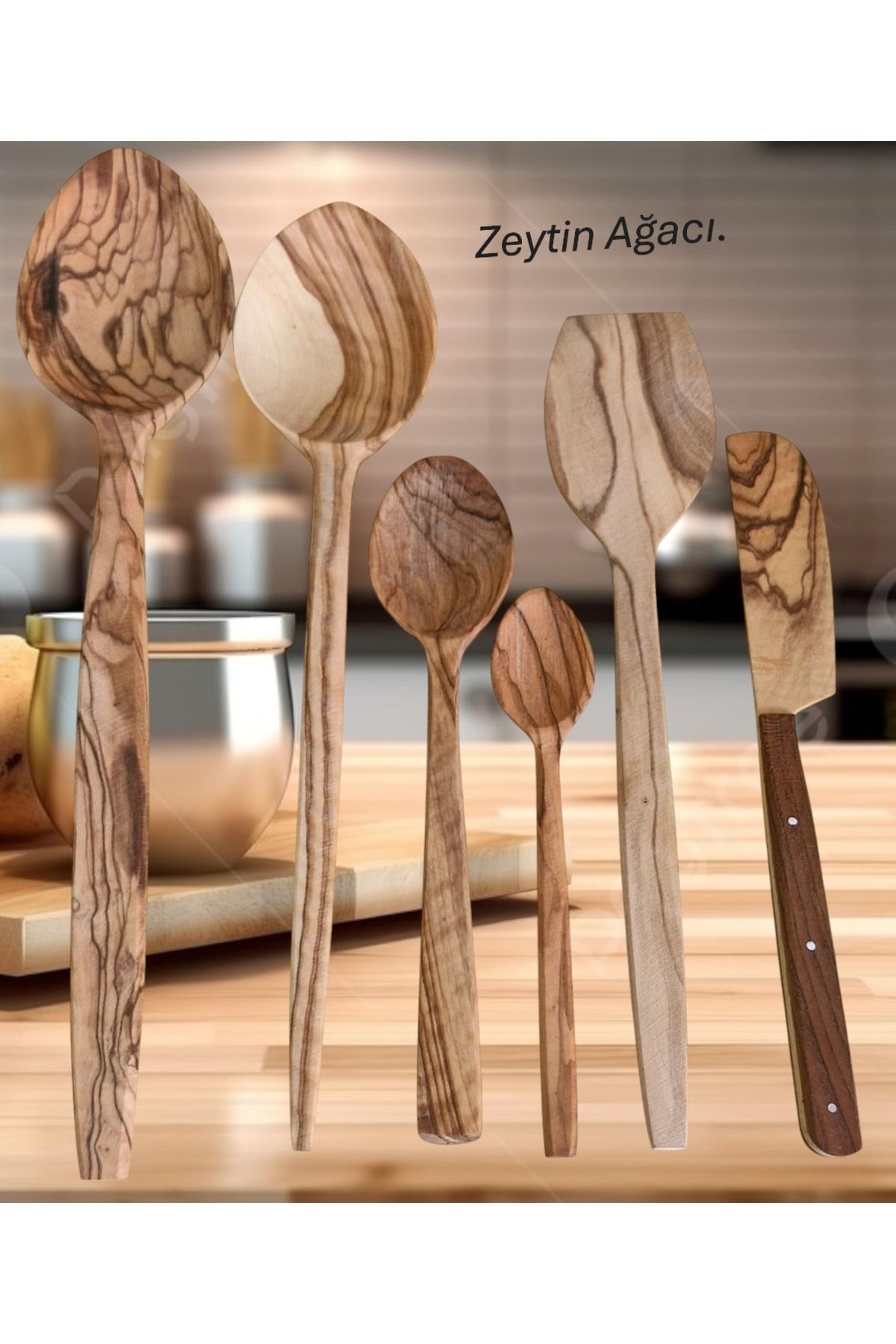 ASAFRİ Zeytin Ağacı Ahşap Set. Tahta Kaşık & Spatula & bıçak 6 LI Set ( Zeytin Ağacı )