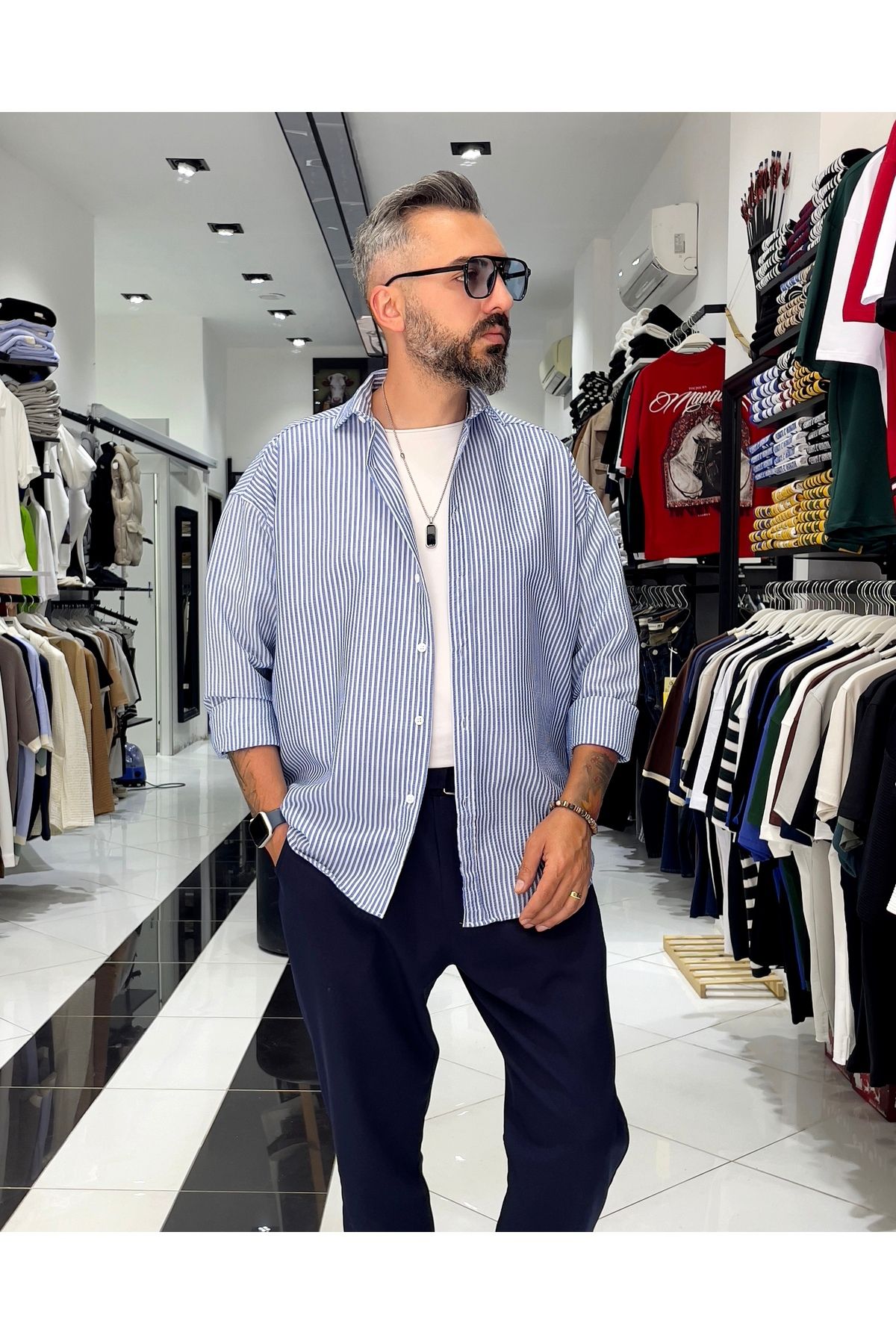 Higo Man Gofre Kumaş Çizgili Oversize Erkek Gömlek