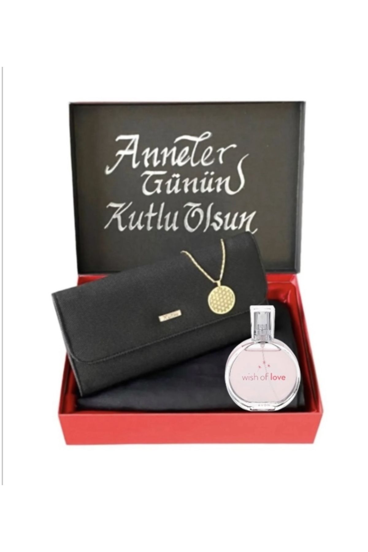 Carlino Anneler Günü Siyah Penye Şal -Carlino Cüzdan -Yaşam Çiçeği Çelik Kolye-Avon Parfüm