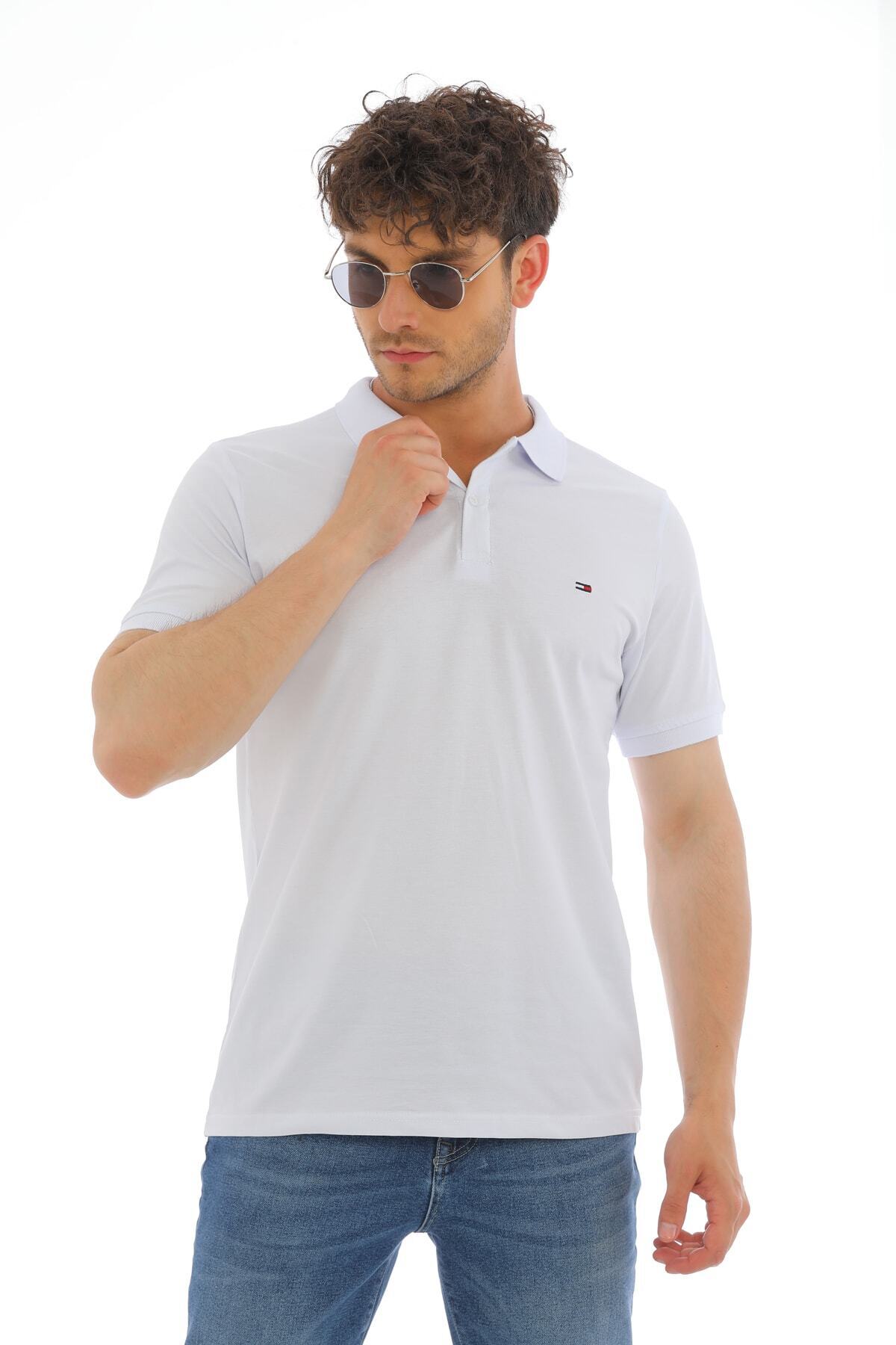 WAPP-Tricou cu mânecă scurtă din bumbac alb din Lycra pentru bărbați, cu guler polo brodat cu nasturi în față 3