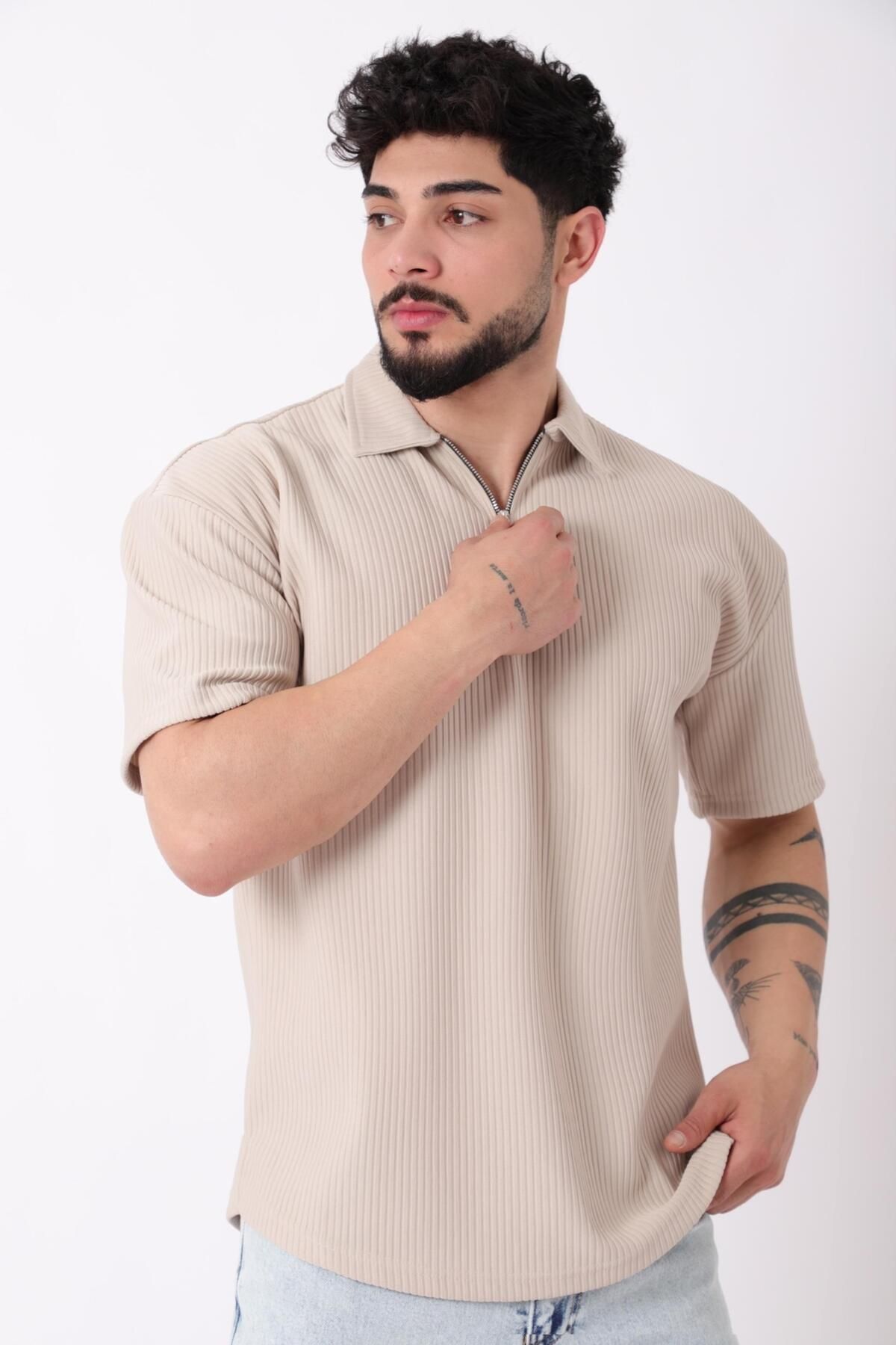 Stilkombin Çizgili Yakalı Yarım Fermuar Oversize Tişört STU-2473_30464