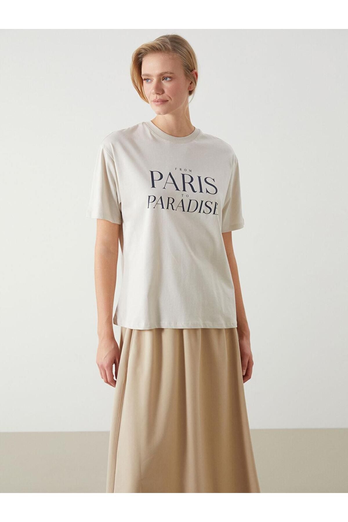 LC Waikiki Bisiklet Yaka Paris Baskılı Oversize Kadın Tişört