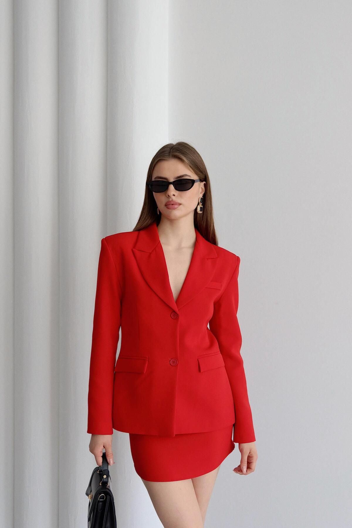 Finna & Co Busıness Blazer Ceket Etek Takım Kırmızı