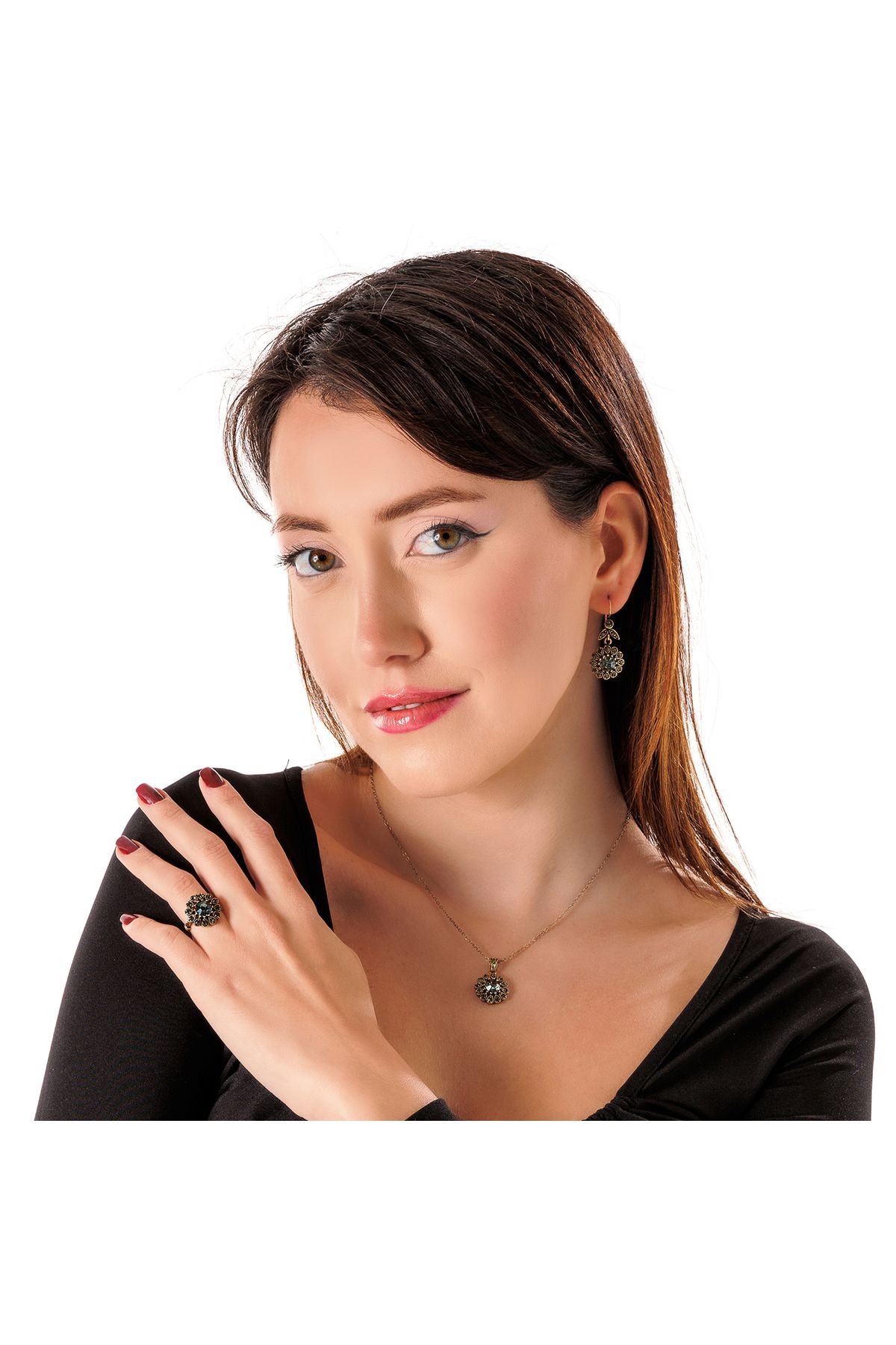 Atelier LEO Handmade Jewellery GÜNEŞ IŞIĞI ANTRASİT TAKIM YÜZÜK NO:10 BAKIR EL YAPIMI KARARMA YAPMAZ KADIN TAKI SETİ