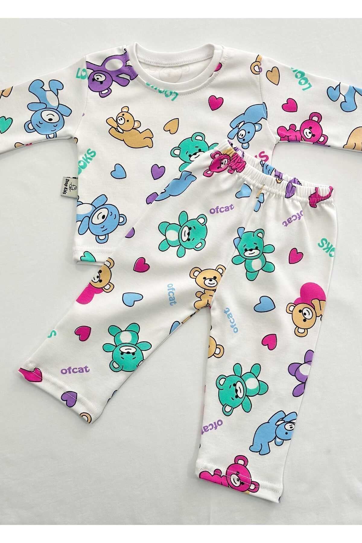 Drop Kids Bebek Pijama Takımı Renkli Ayıcık Desen %100 Pamuk Yenidoğan Çocuk Pijama fotoğrafı 2 (önizleme)