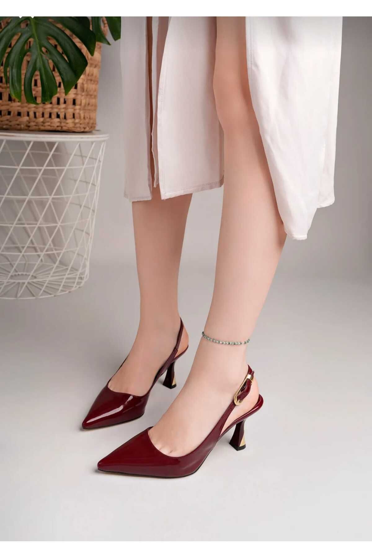 MODA İBO SHOES bordo rugan 7cm topuklu arkası açık stiletto