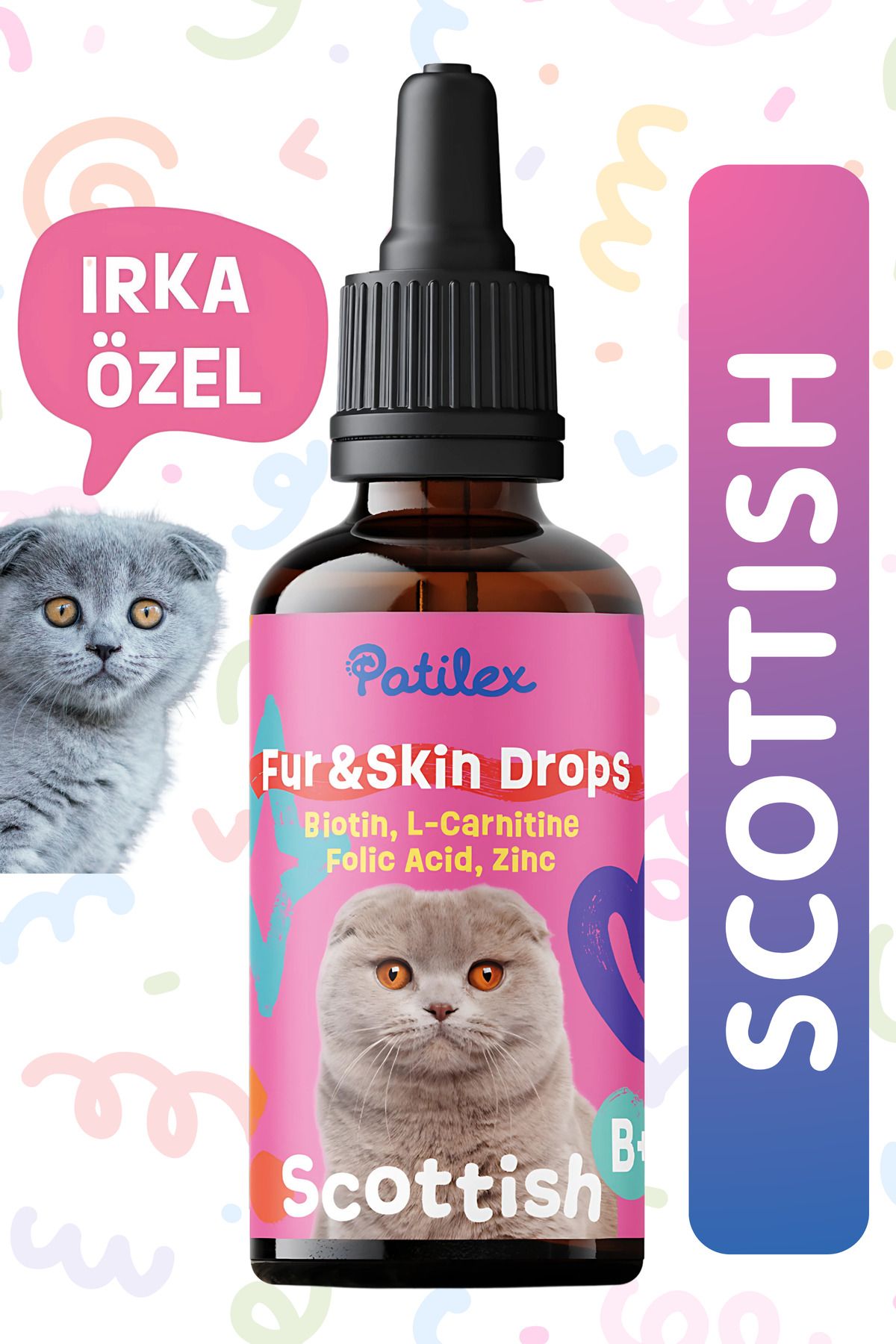 Patilex Scottish Kediler için Tüy Sağlığı Vitamini Damlası, Tüy Dökümü Önleyici, B Plus Maması