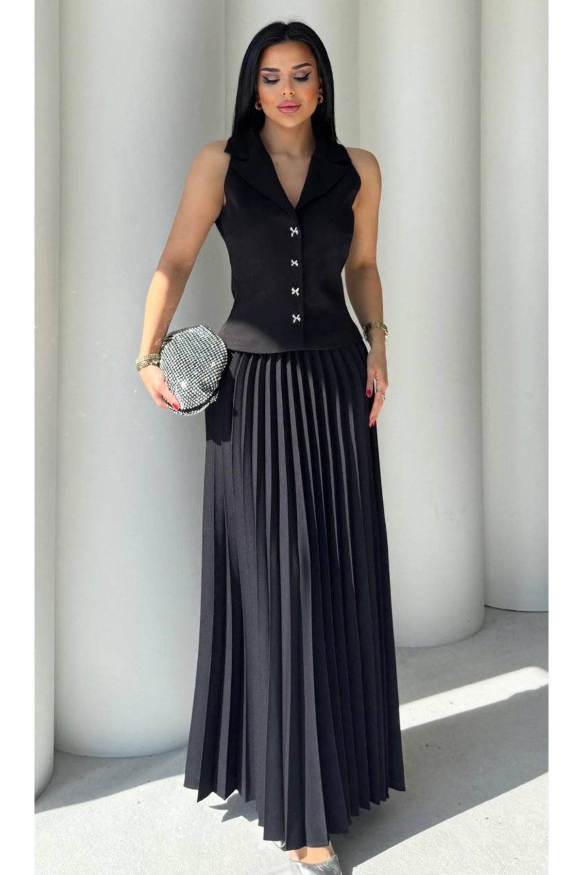 şems fashion atlas kumaş yelek ve etek takım klasik takım takım