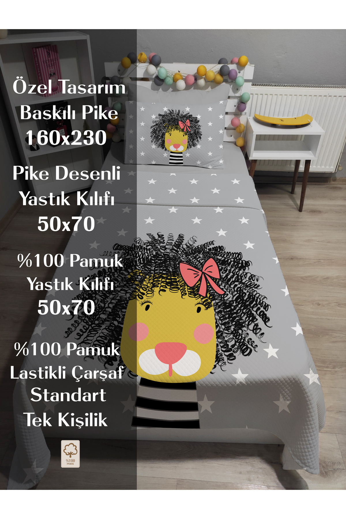 yok yok evim eve dair her şey-4 Piece Cute Lion Patterned Single Pique Bedspread Set with Elastic Sheets 3