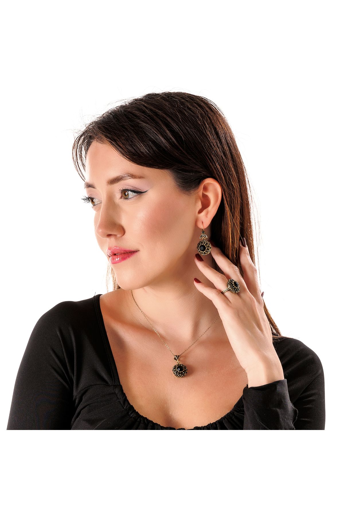 Atelier LEO Handmade Jewellery KRALİYET ÇEHRESİ SİYAH TAKIM YÜZÜK NO:9 BAKIR EL YAPIMI KARARMA YAPMAZ KADIN TAKI SETİ