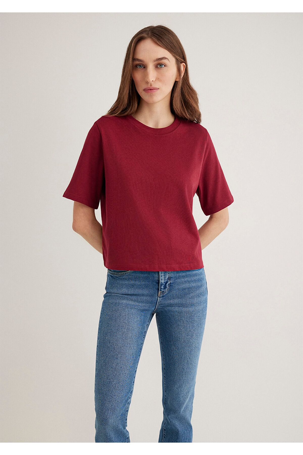 Mavi-Burgunderrotes Basic-T-Shirt mit lockerer Passform / lockerer, entspannter Passform 1613077 -70430 3