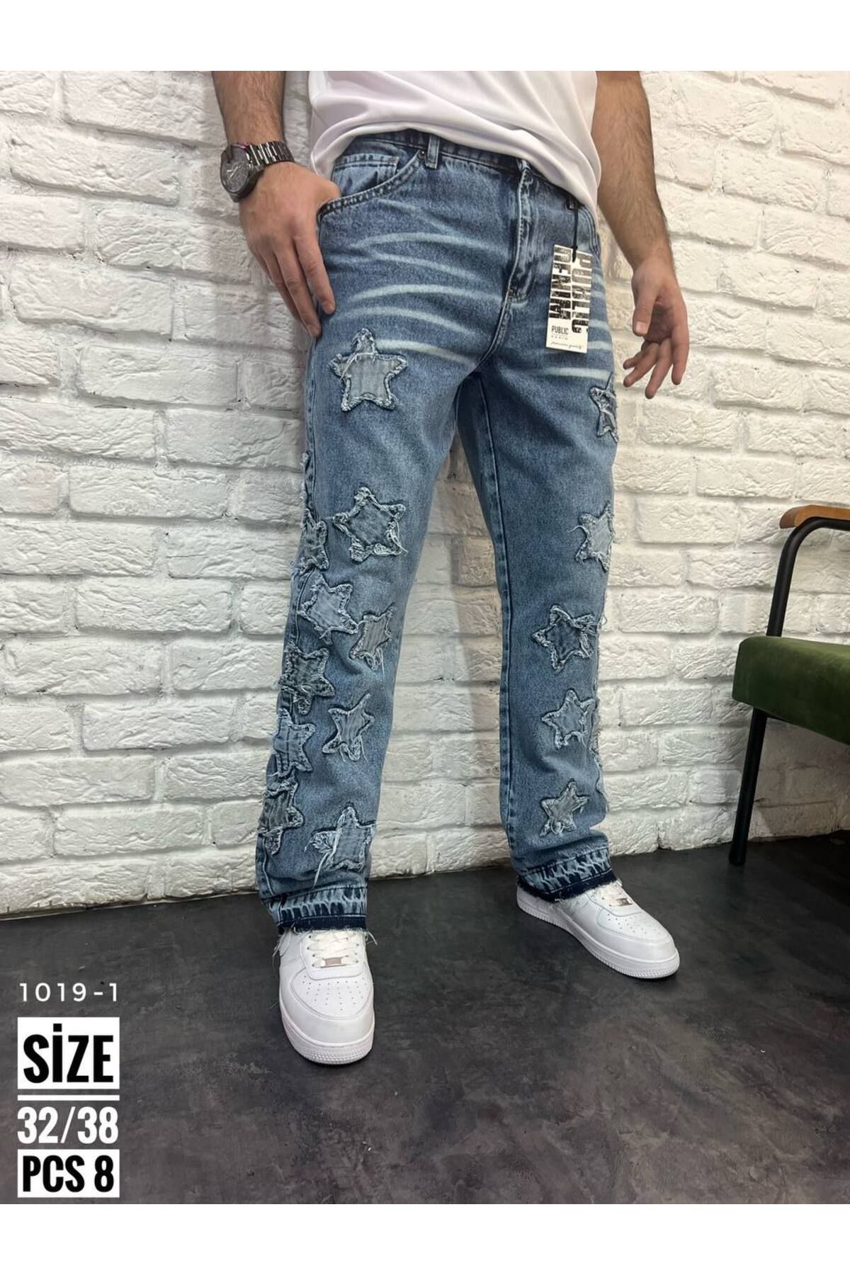 fame-stoned New Super Baggy (Bol Kalıp) Unisex Yıldız Desenli Mavi Pantolon
