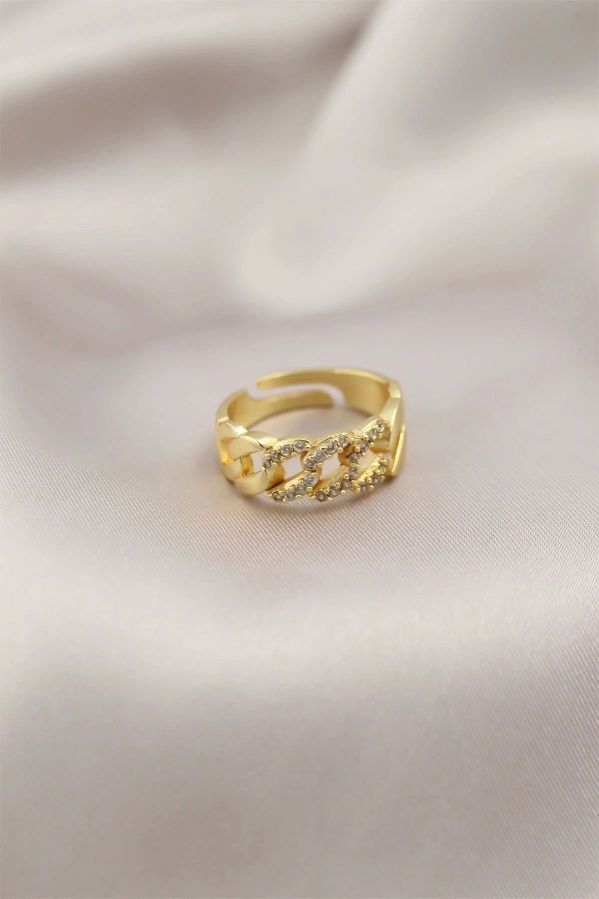 STOREMAX Gold Renk Metal Zincir Model Taşlı Kadın Yüzük